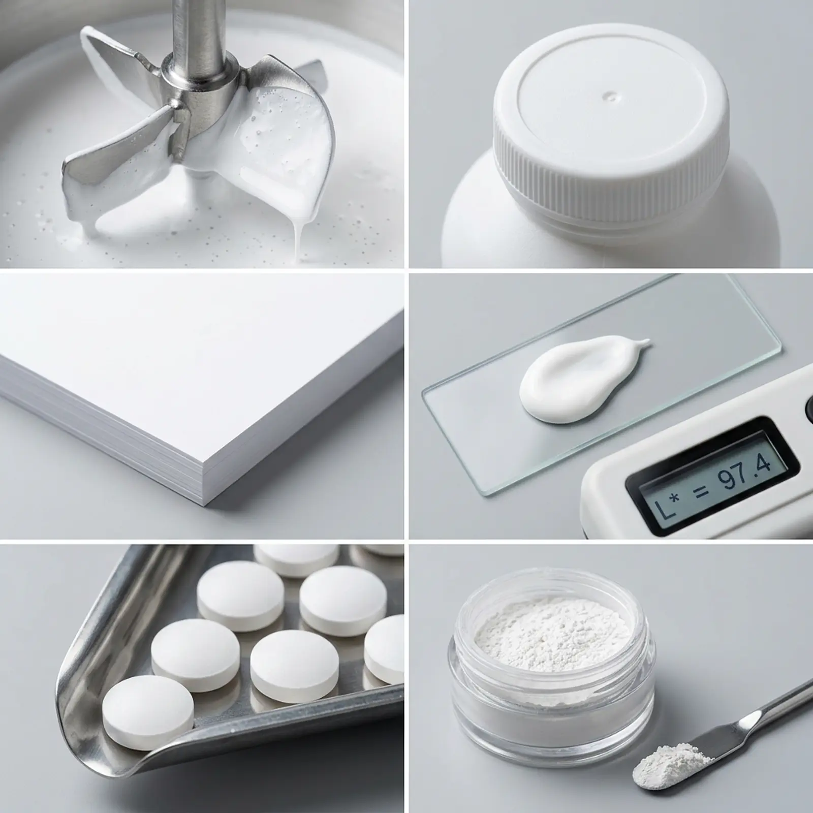 Macro shot of titanium dioxide pigment in a clean, neutral studio setting.