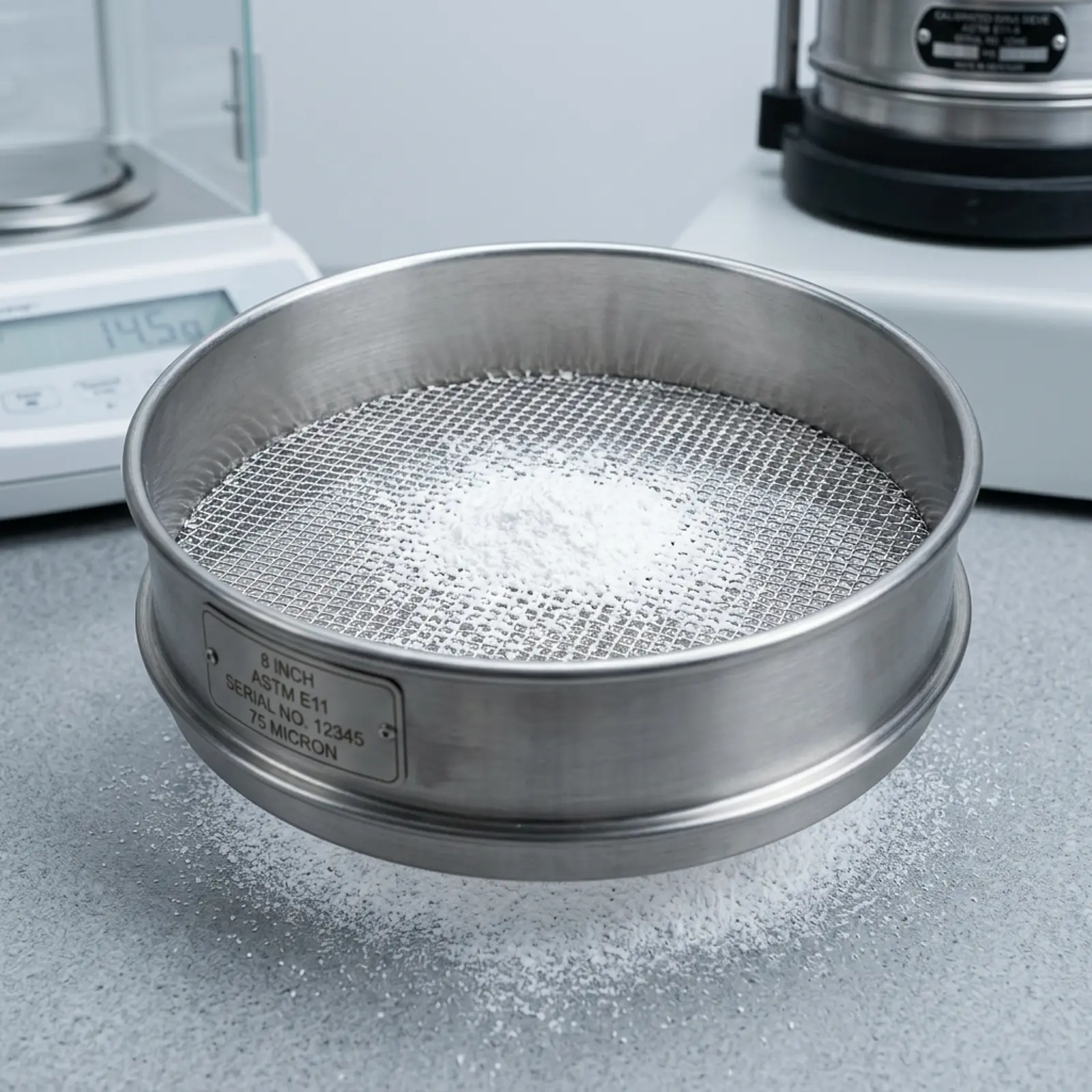 Calibrated industrial sieve passing white powder through mesh in a lab, macro studio photo