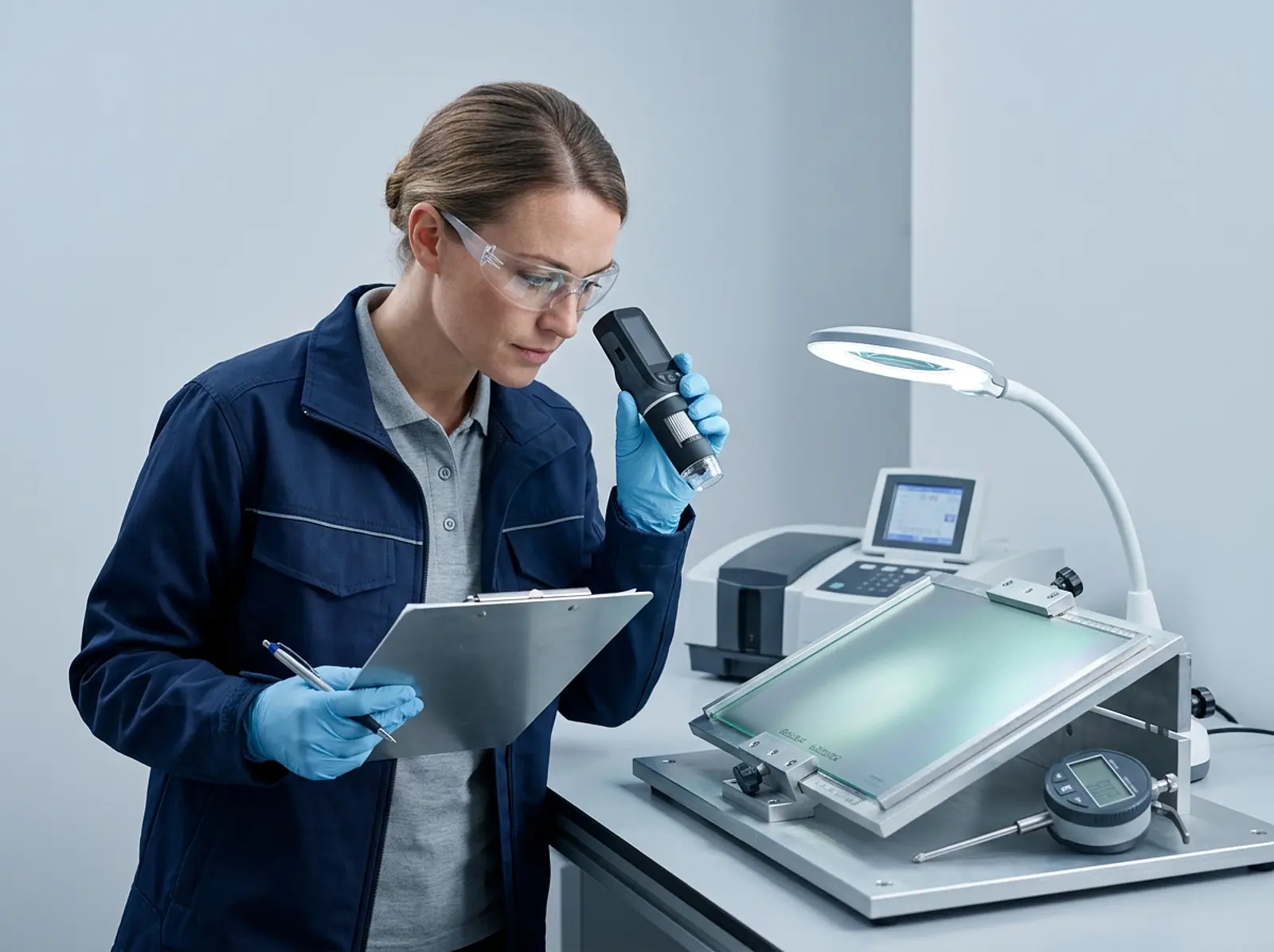 Quality inspector examining a photocatalytic coated panel with testing instruments