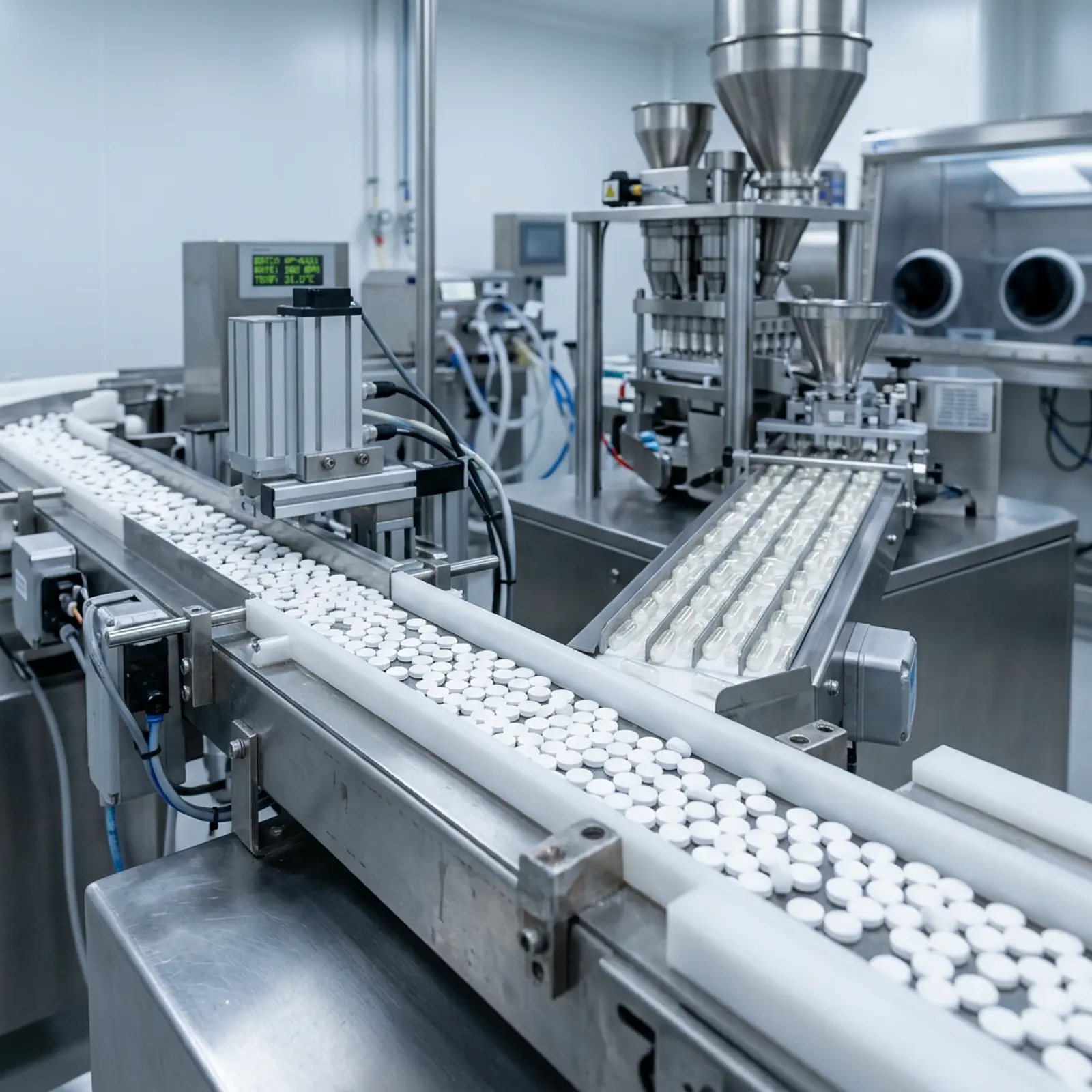 Pharmaceutical production line: white tablets on a conveyor belt, capsules being filled in the background.