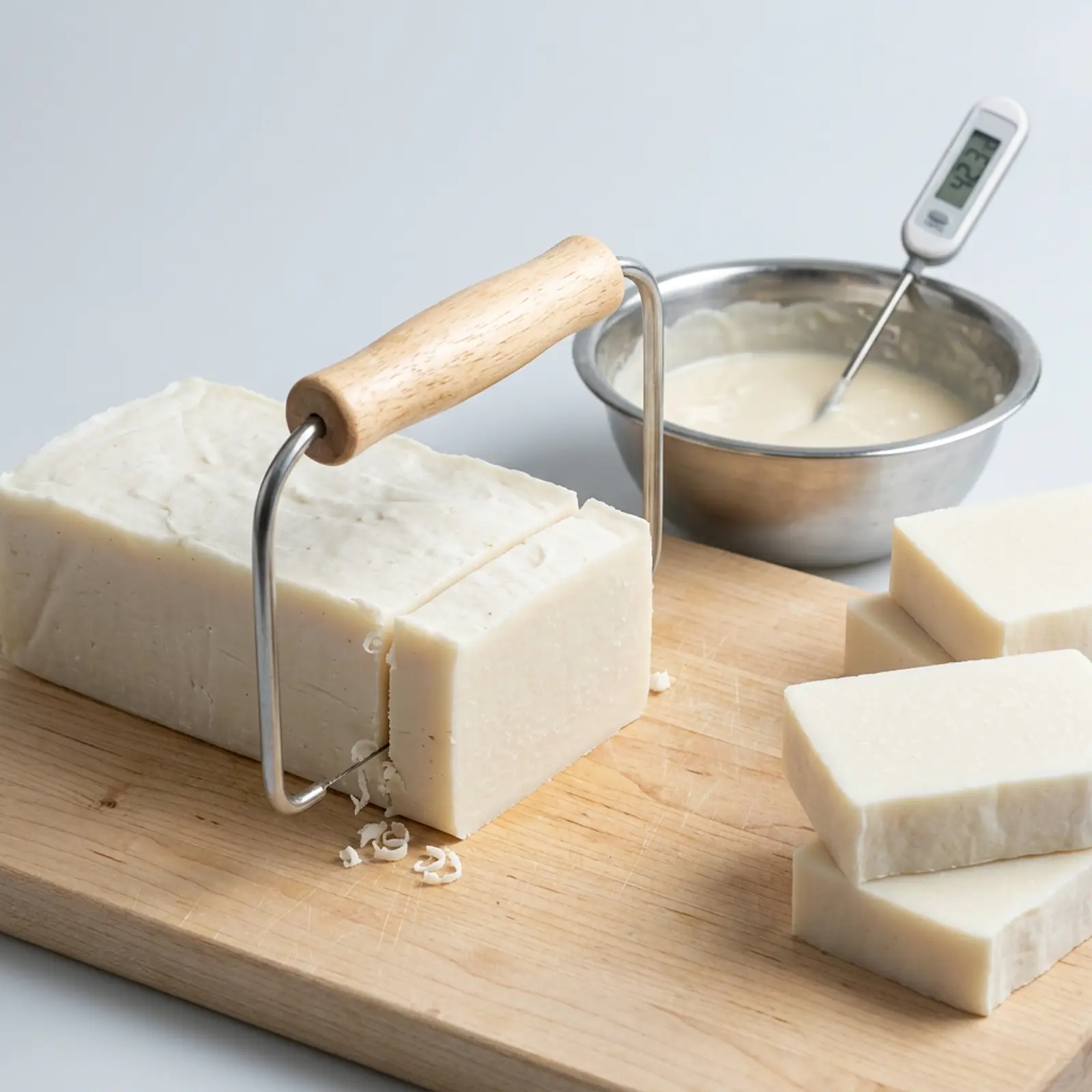 White handmade soap block being cut into bars on a wooden board with soap batter nearby