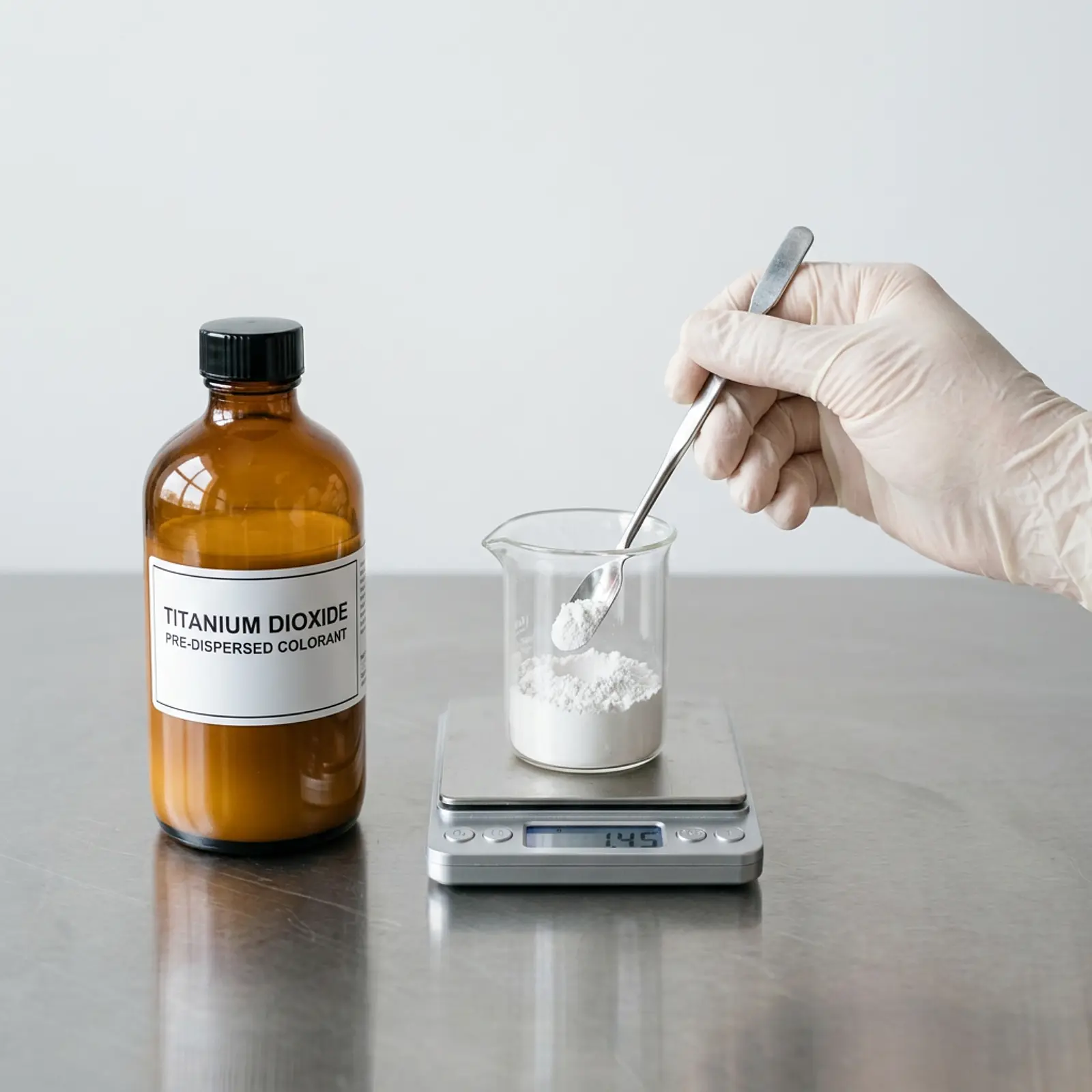 Clean studio shot: soap making, a dye bottle opposite TiO2 powder in a beaker