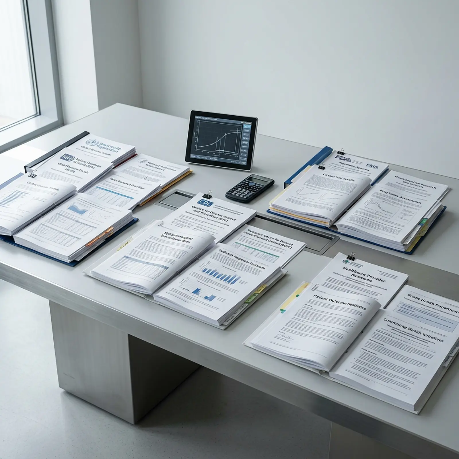 Documents from several health institutions on a conference table, sorted into stacks.