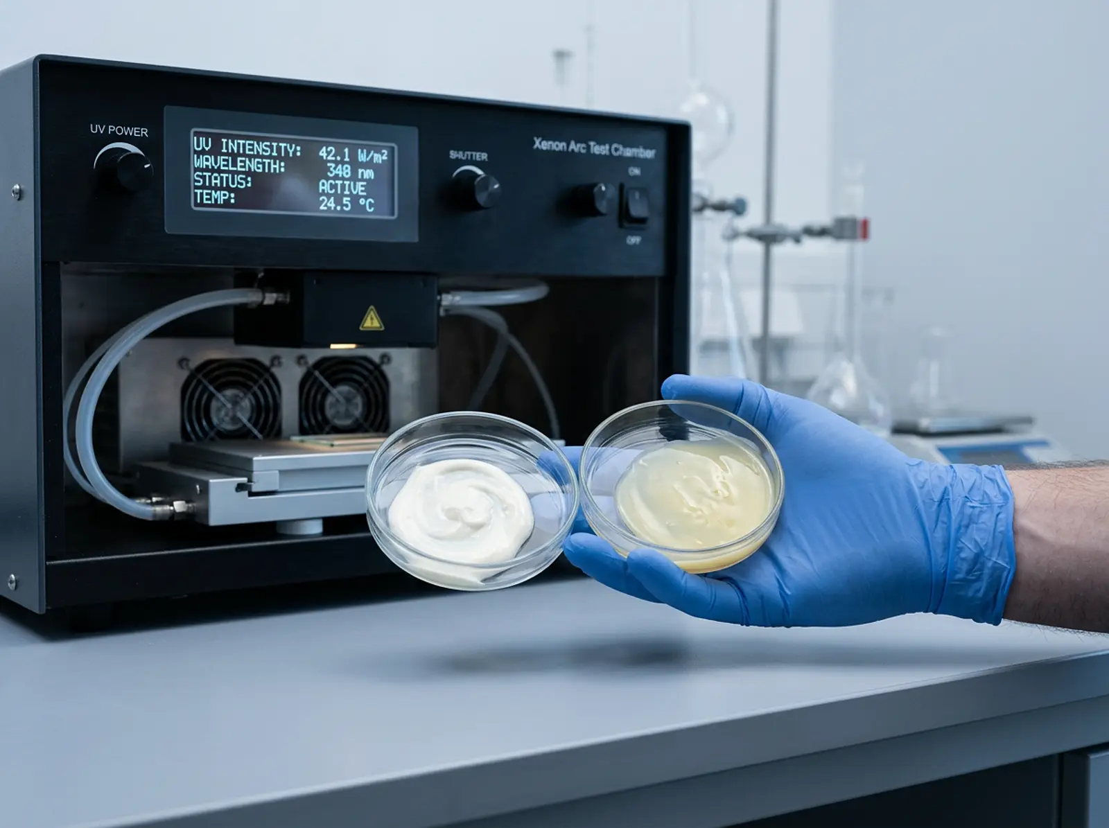Lab technician holding two petri dishes with sunscreen dispersions in front of a UV test setup
