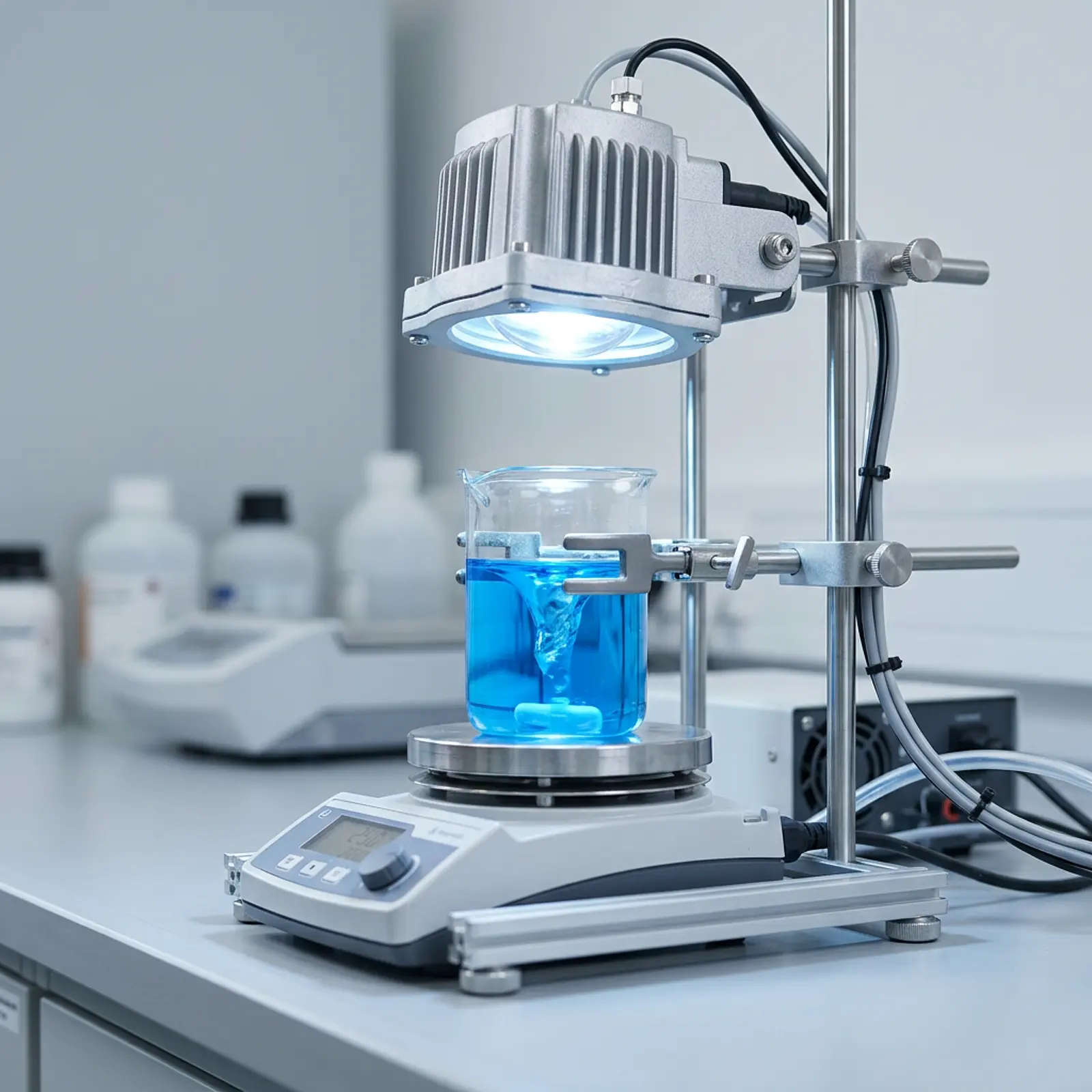 Xenon arc lamp illuminating a beaker of colored dye in a photocatalytic test rig