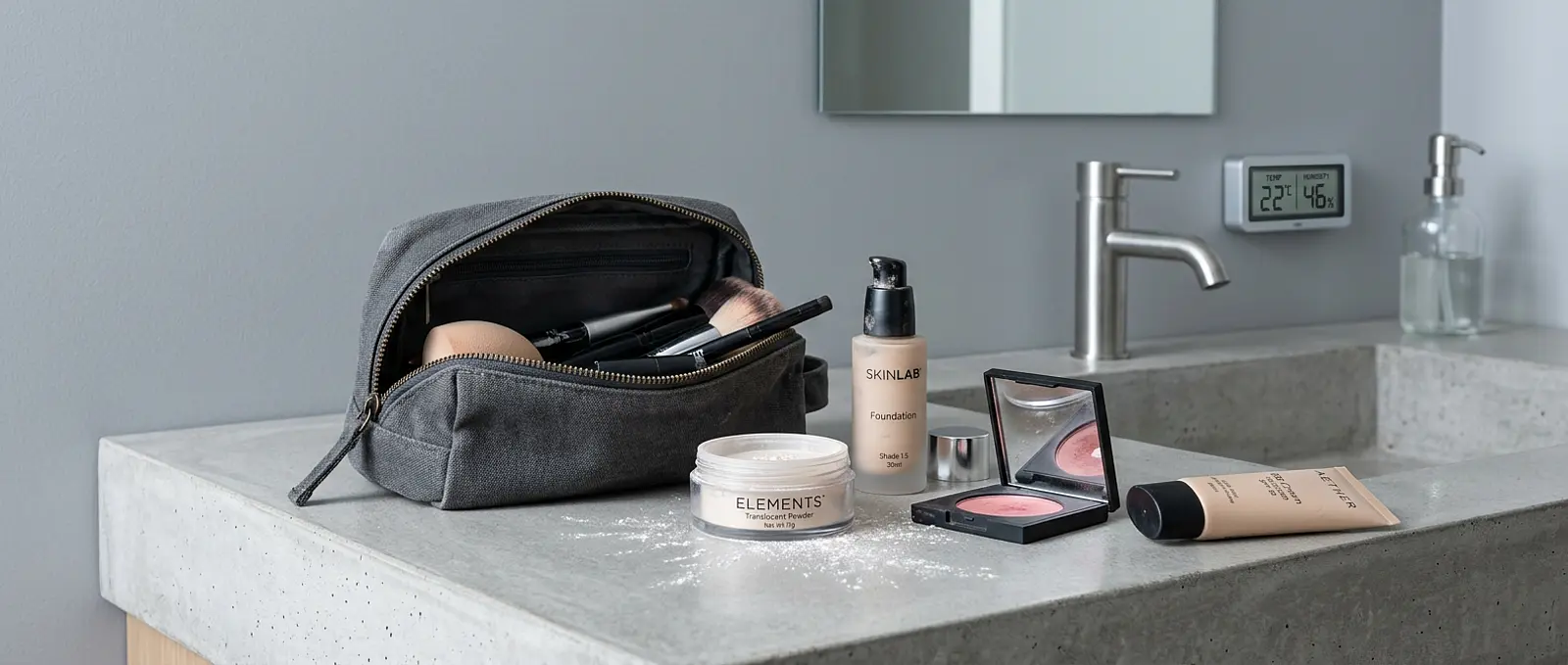 Open makeup bag with products, fine white powder on a studio bathroom counter, macro, cool lighting