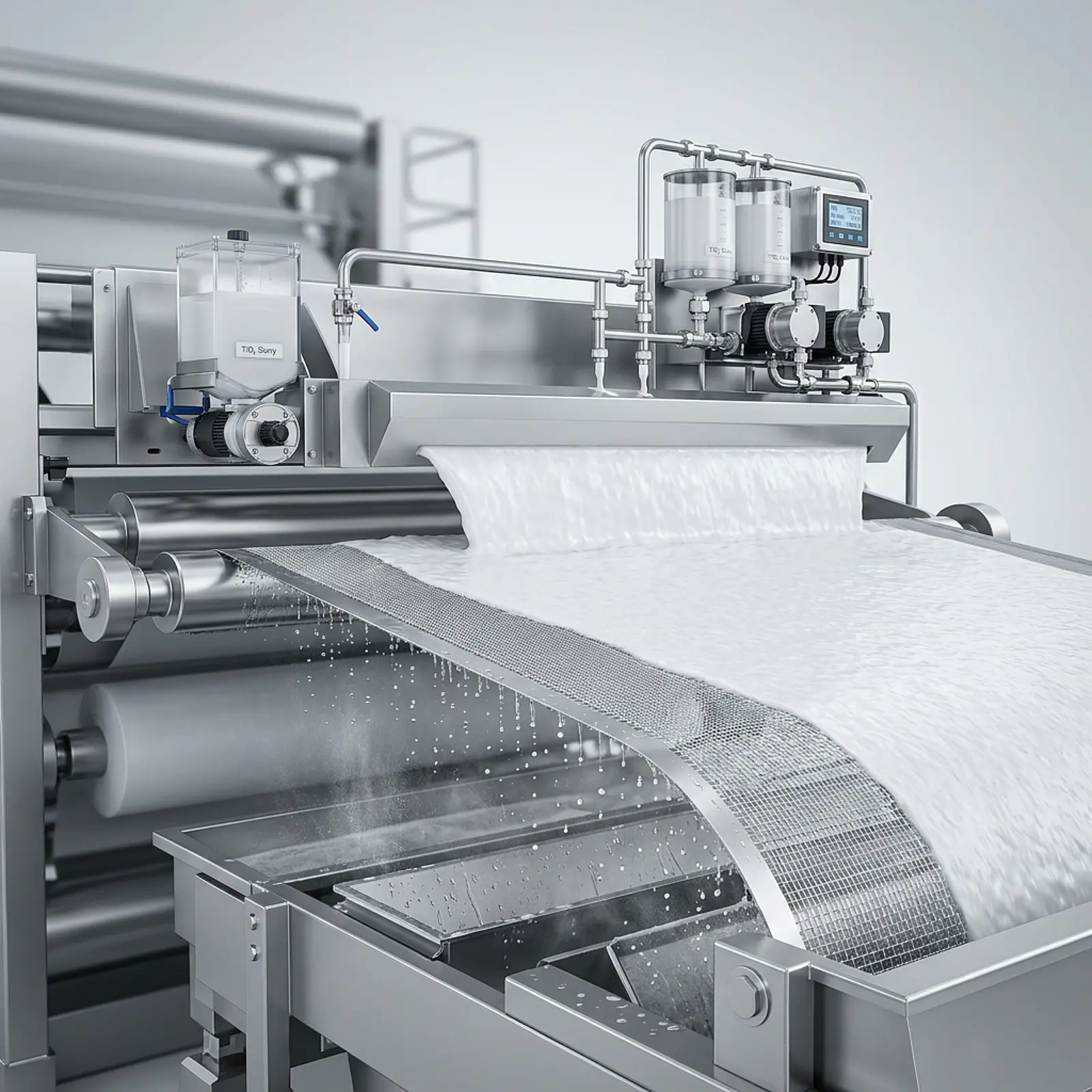 Macro studio photo of paper wet-end pulp forming on a forming wire with TiO₂ dosing headbox equipment