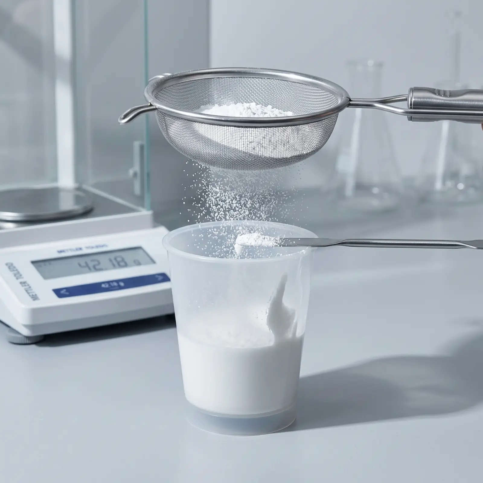 Macro shot: titanium dioxide sifted into a mixing beaker, spatula smoothing a lump-free suspension.