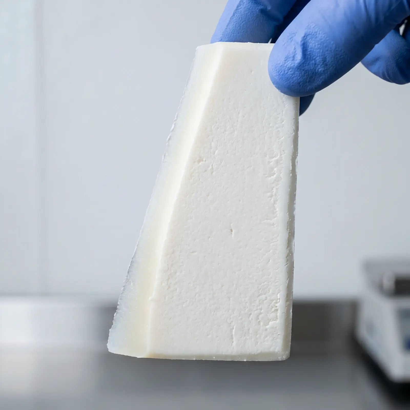 Macro shot of a freshly cut soap bar held by the edge, neutral background.