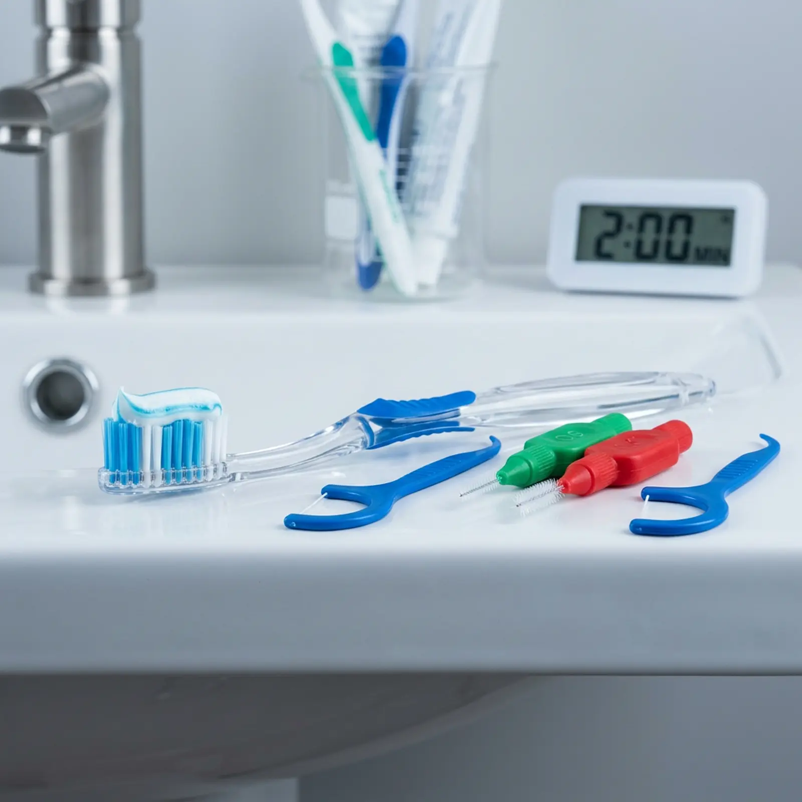 Toothbrush with toothpaste next to dental floss and an interdental brush on a bathroom countertop.