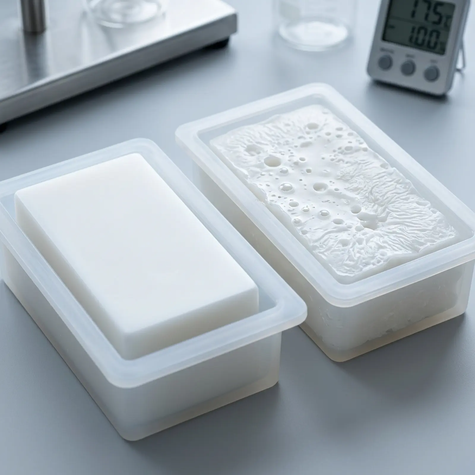 Melt-and-pour soap in molds: smooth surface, bubbles, and skinning caused by heat.