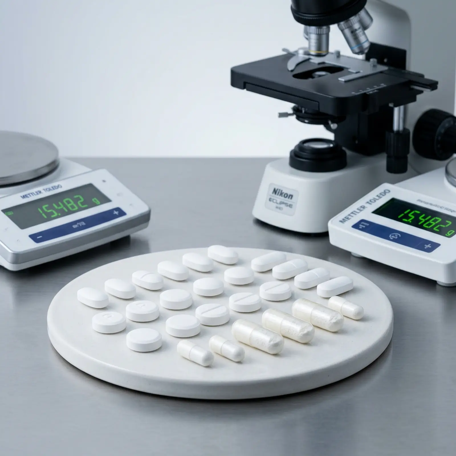 Macro shot of white-coated tablets and capsules on a neutral gray studio background.