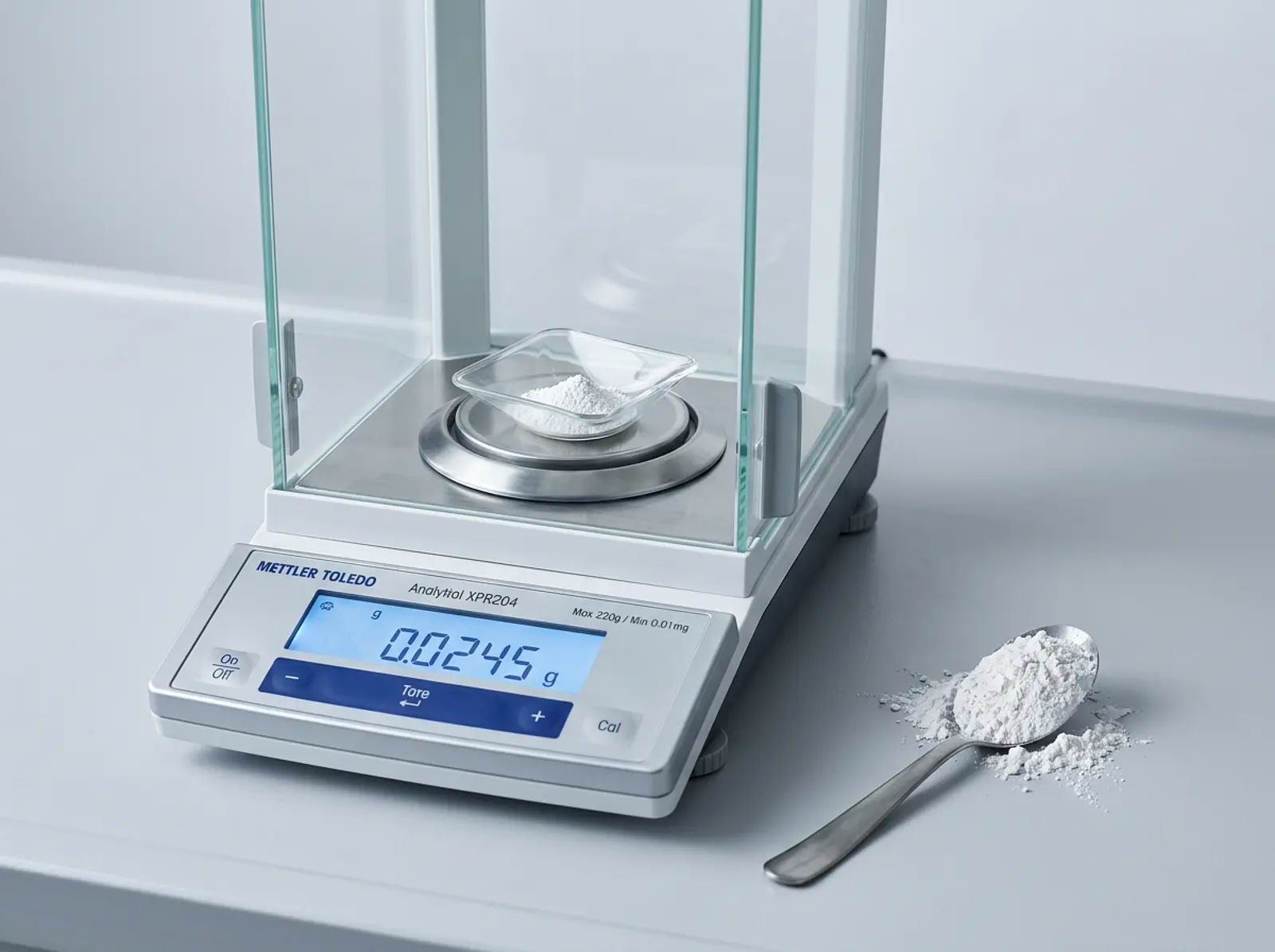 Digital scale with a portion of TiO2 in a beaker next to a teaspoon, neutral background.