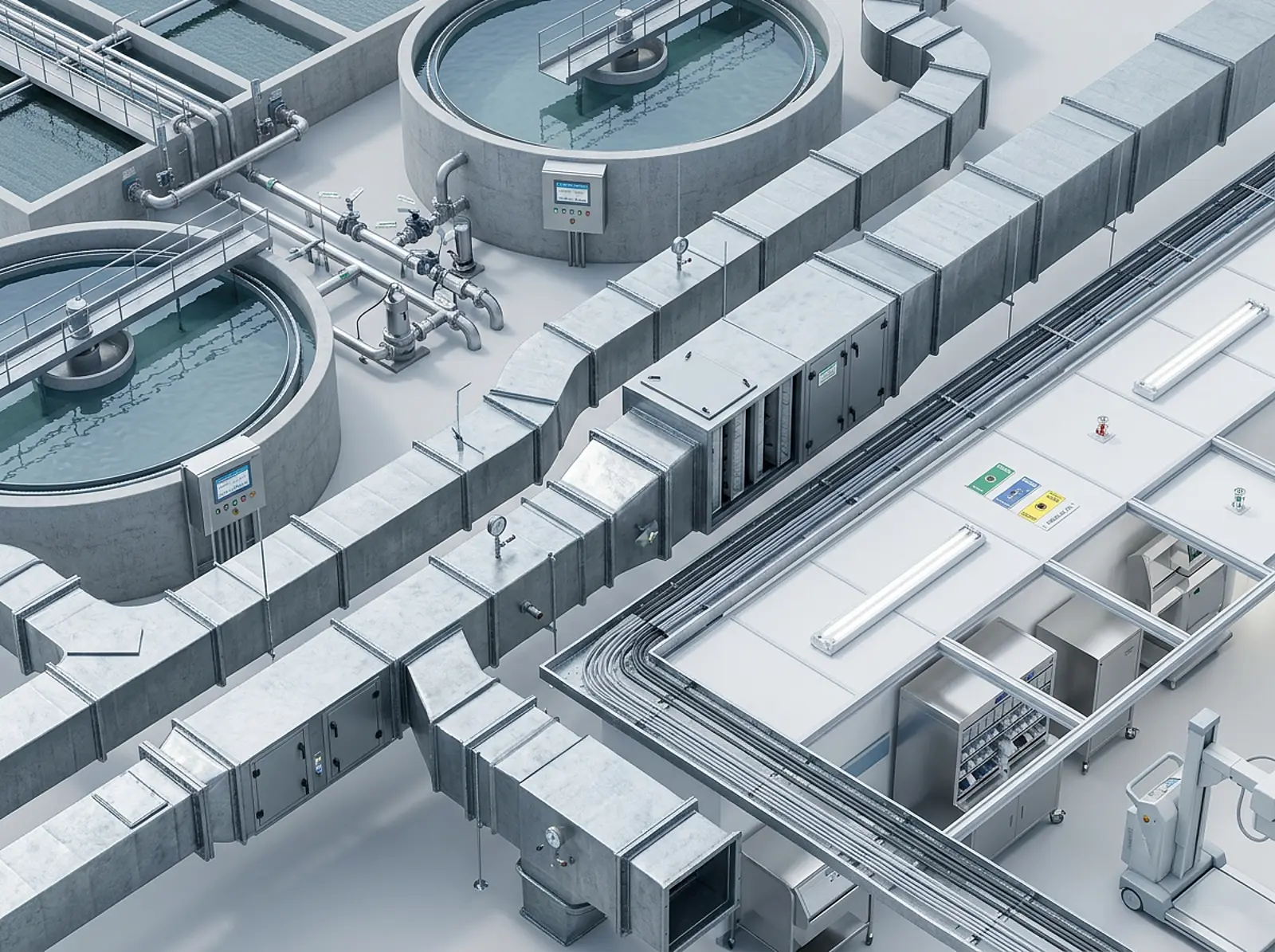 Aerial water treatment plant, air ducts, and hospital corridor in one industrial composite