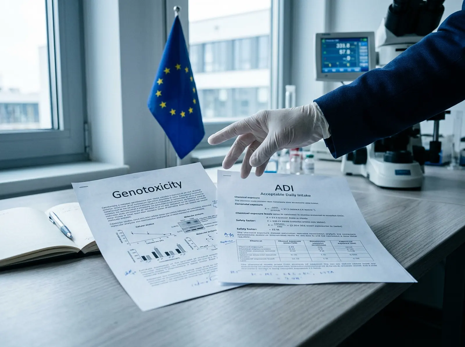 Macro scene: Genotoxicity and ADI documents with EU flag; regulator's hand hovering over papers.