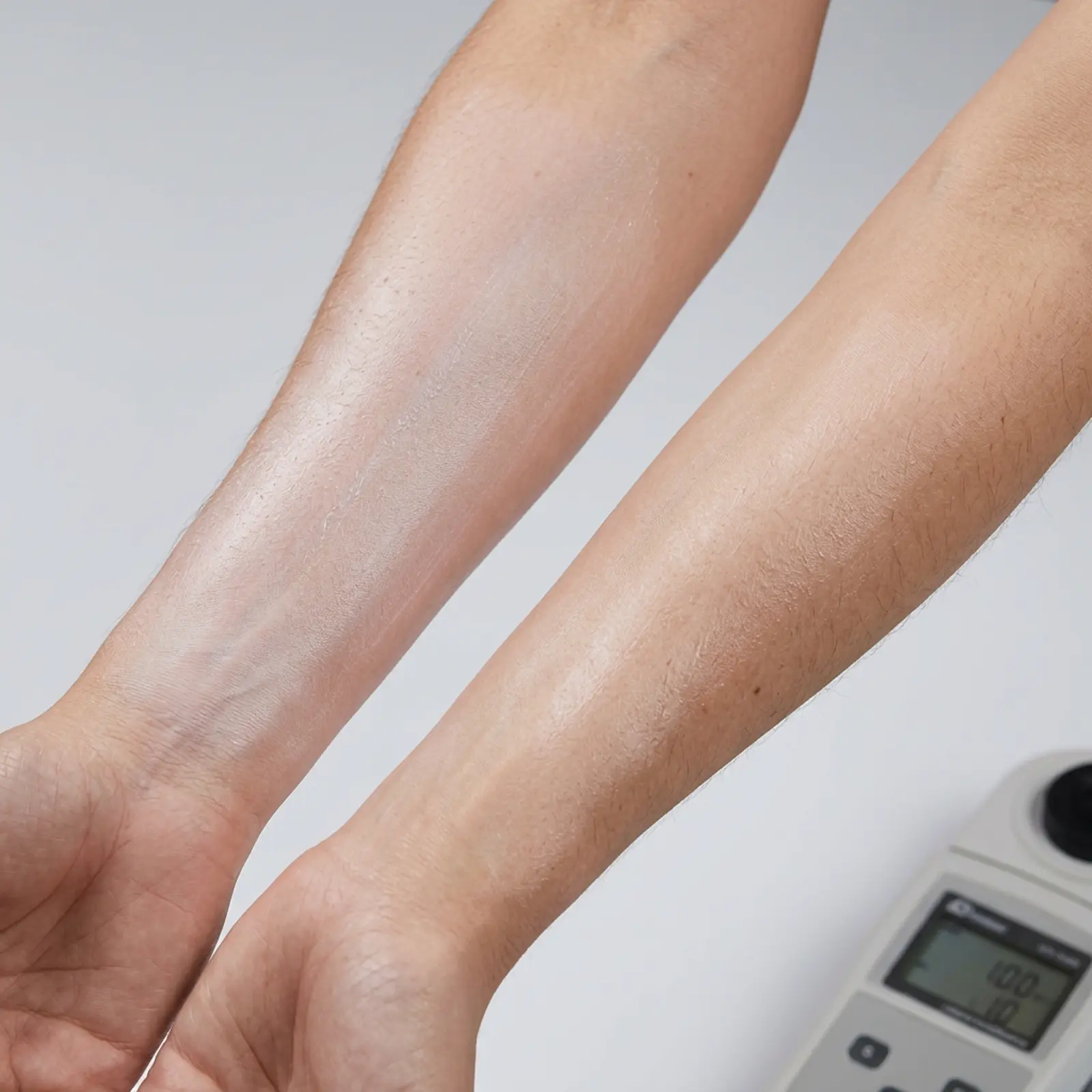 Two forearms with mineral sunscreen evenly rubbed in; one appears noticeably lighter