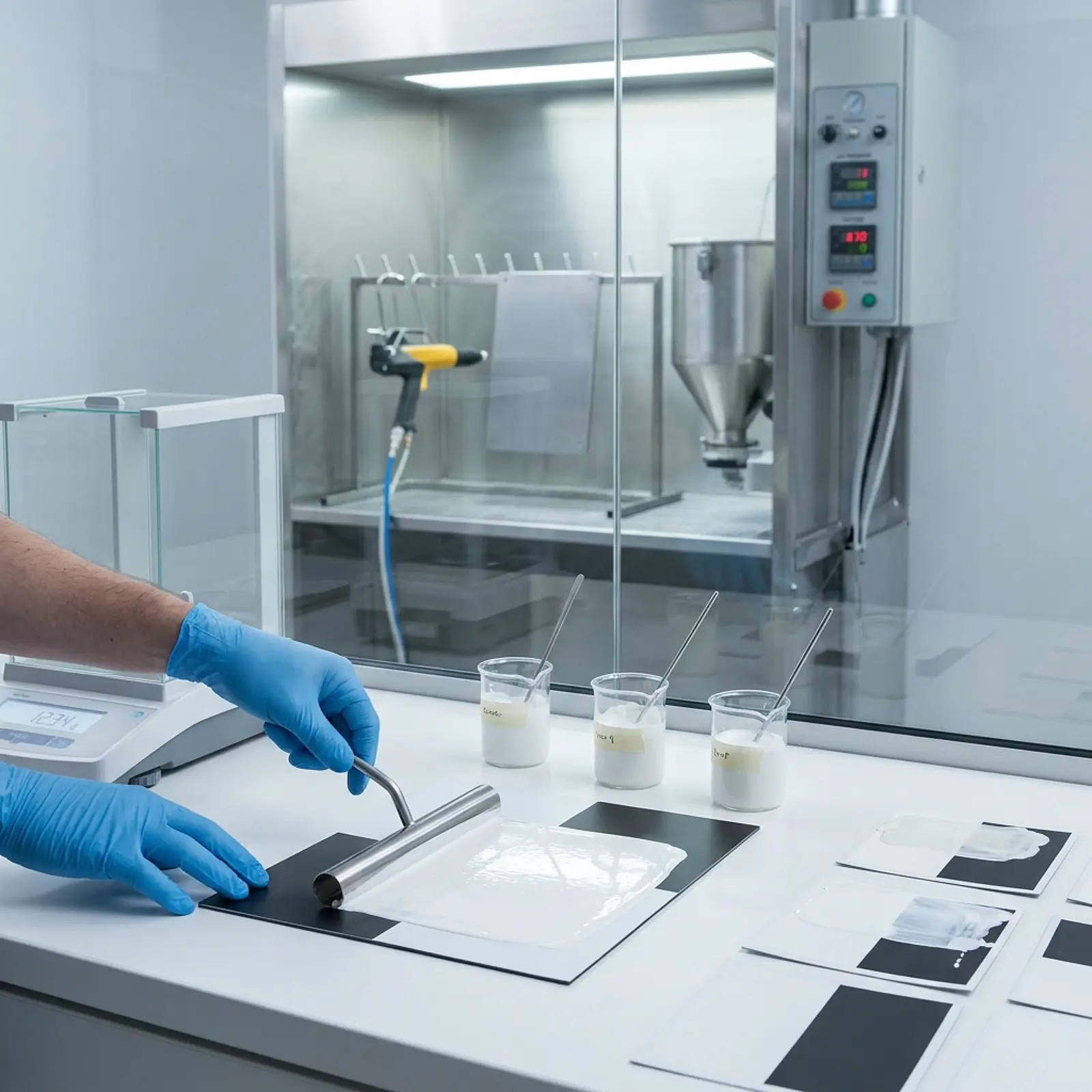 Macro studio shot of a coatings technician drawing white paint onto contrast cards beside a powder booth