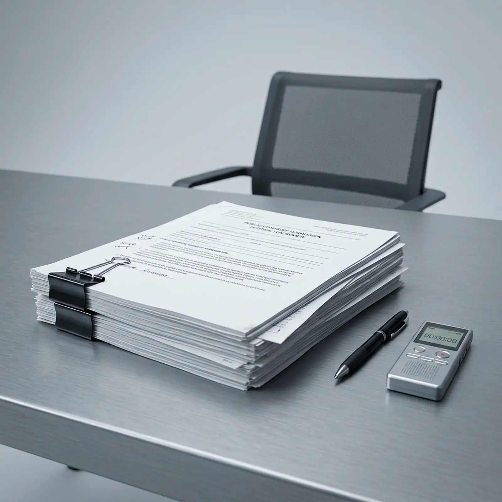 Stack of petition documents and public comments on a conference table beside an empty chair