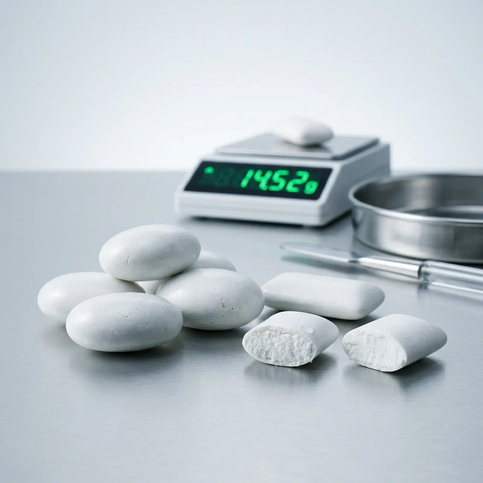 Macro shot of white-coated candies and white-filled gum on a clean grey background.