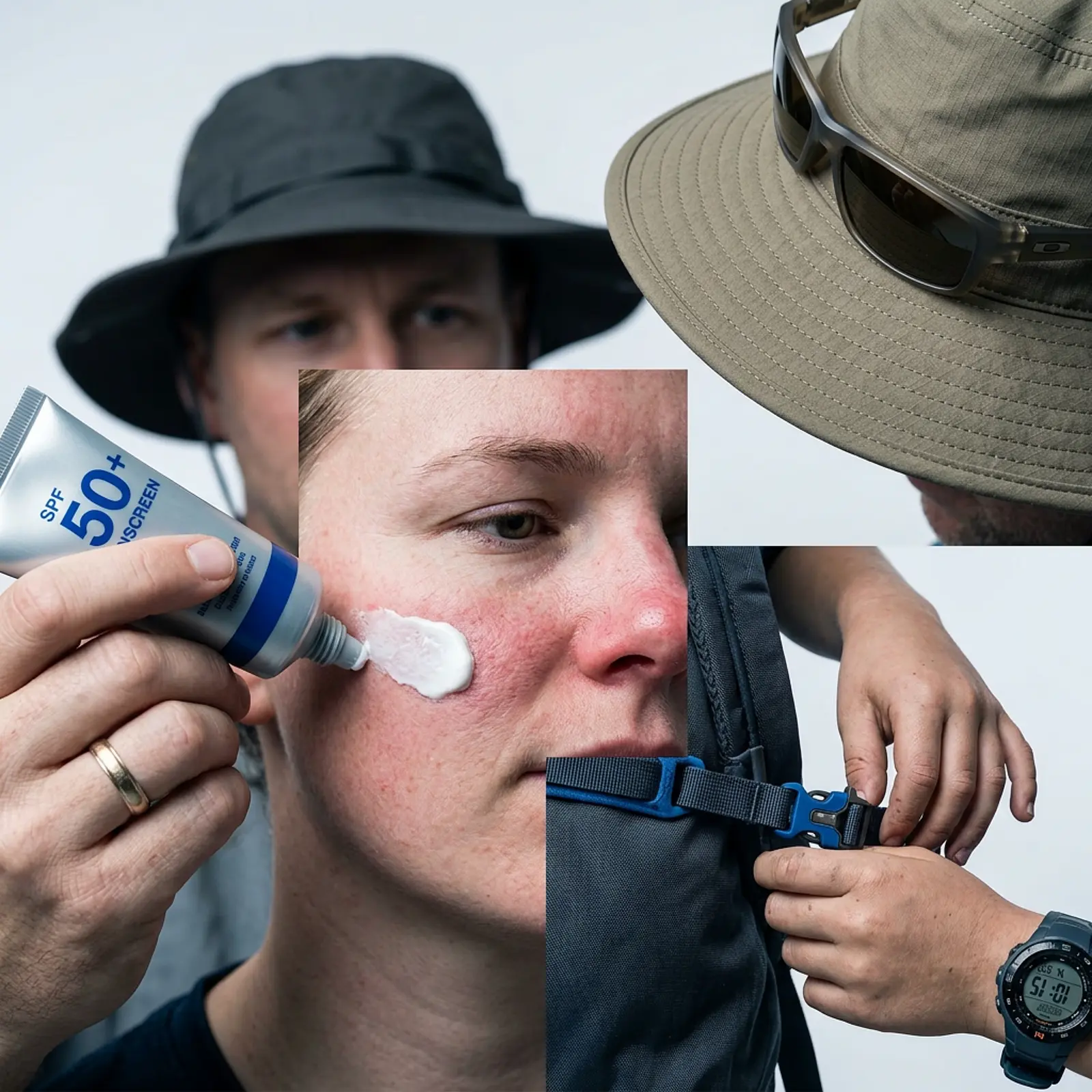 Three people preparing for outdoor activities: child, sun hat, sunscreen on the face.