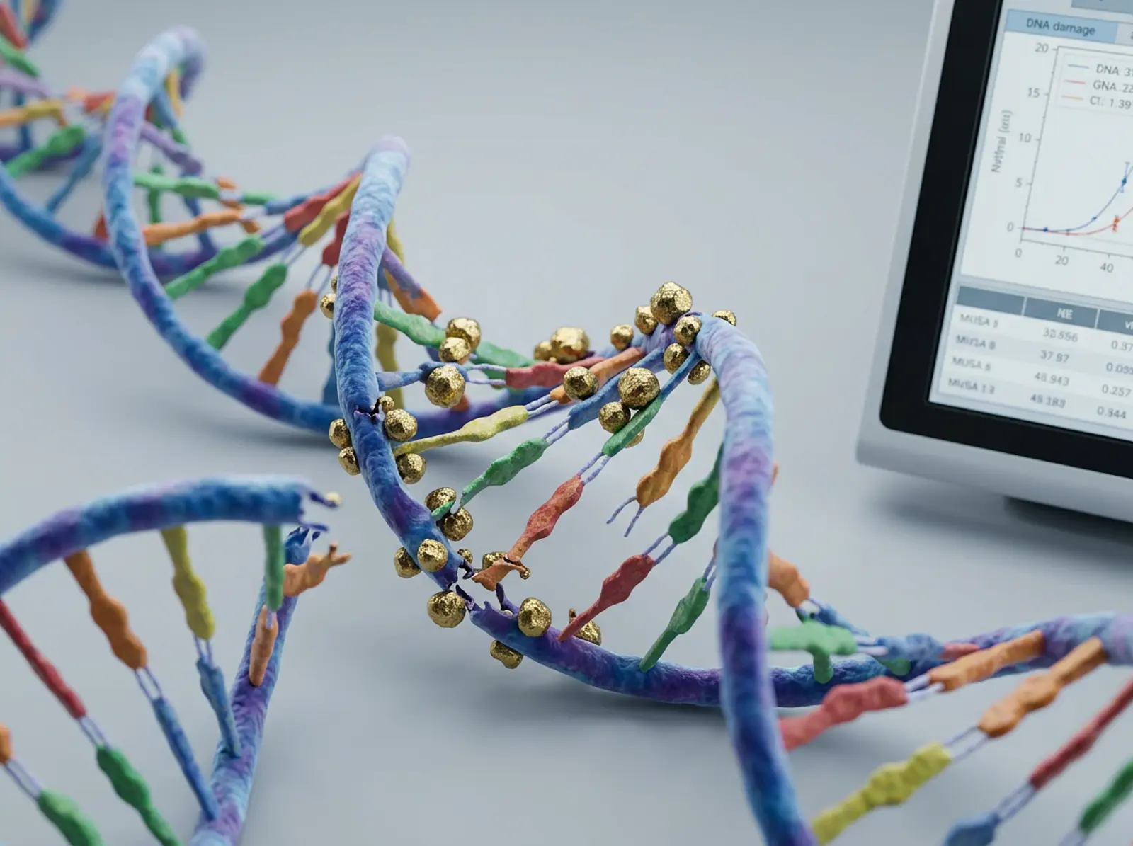 Macro studio photo of a DNA double helix with nanoparticles illustrating genotoxicity.