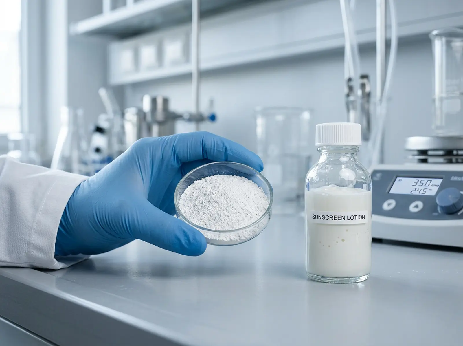 Lab worker holding a dish of titanium dioxide powder next to a sunscreen bottle.
