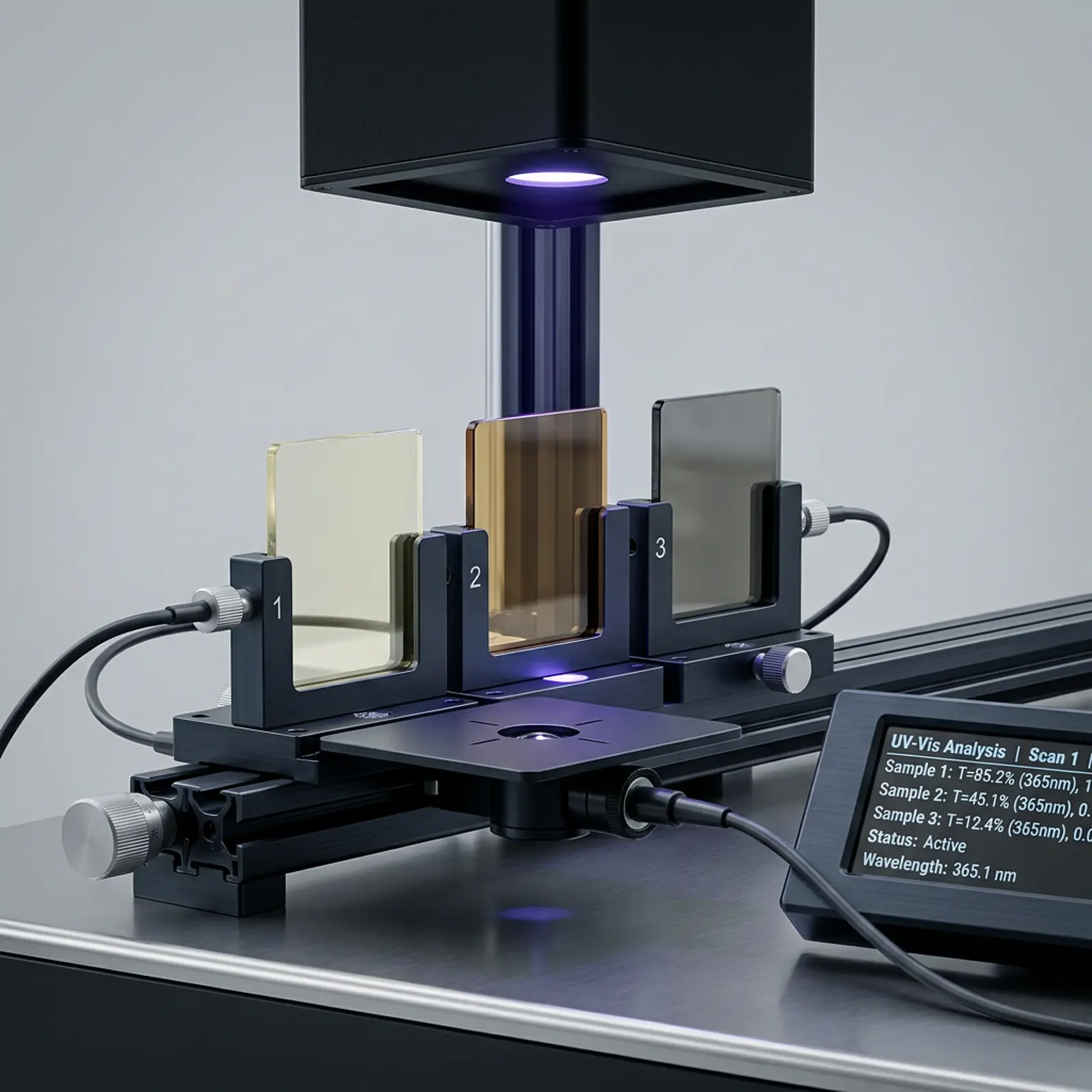 Three clear filter samples arranged side by side in a lab UV analysis setup, macro shot
