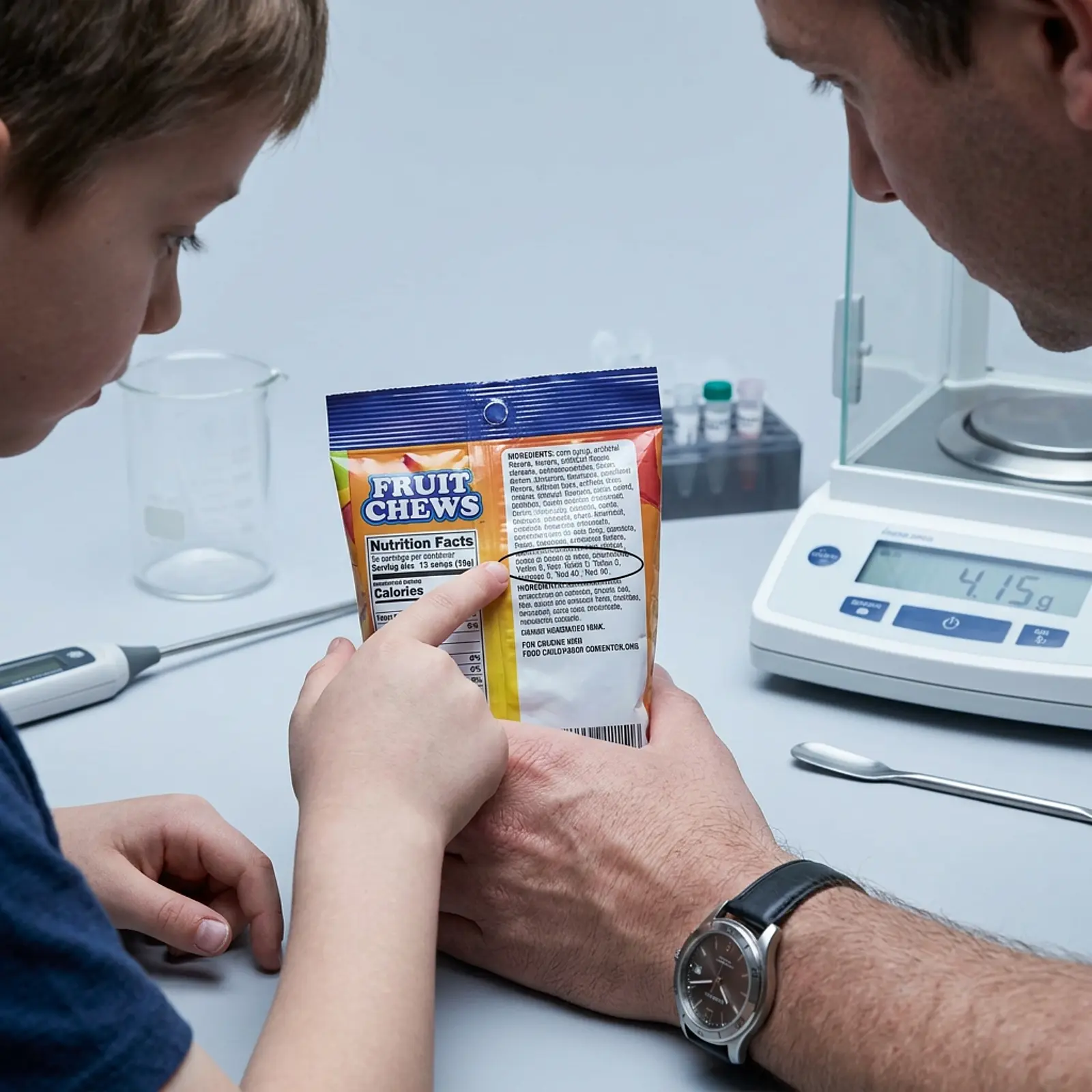Parent and child inspecting candy package ingredients for additives in a neutral studio macro shot.