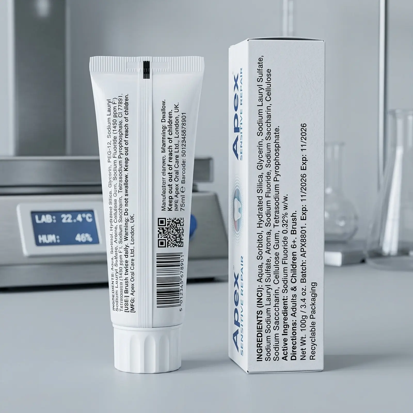 Close-up of a toothpaste tube with a back seam next to its box, studio look.