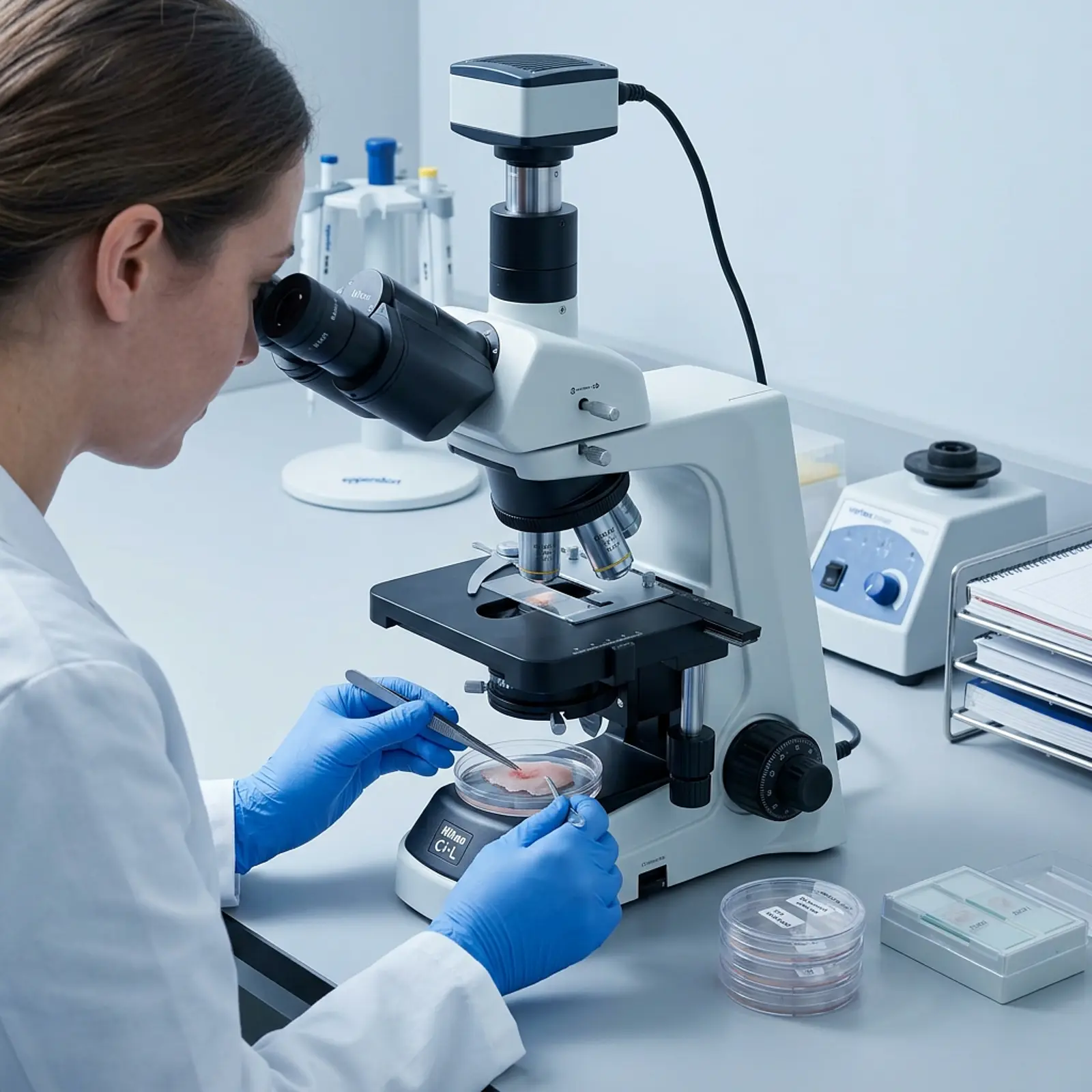Dermatology lab: skin samples in petri dishes next to a microscope