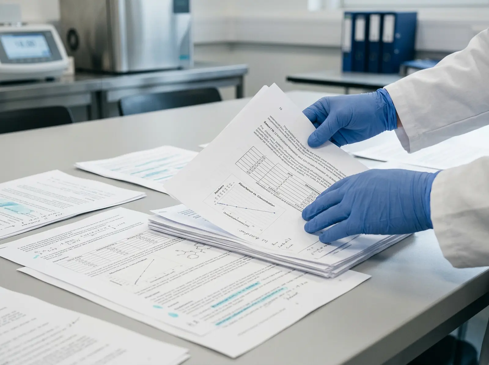 Gloved hands sorting printed lab research documents on a conference table in a sterile studio setting