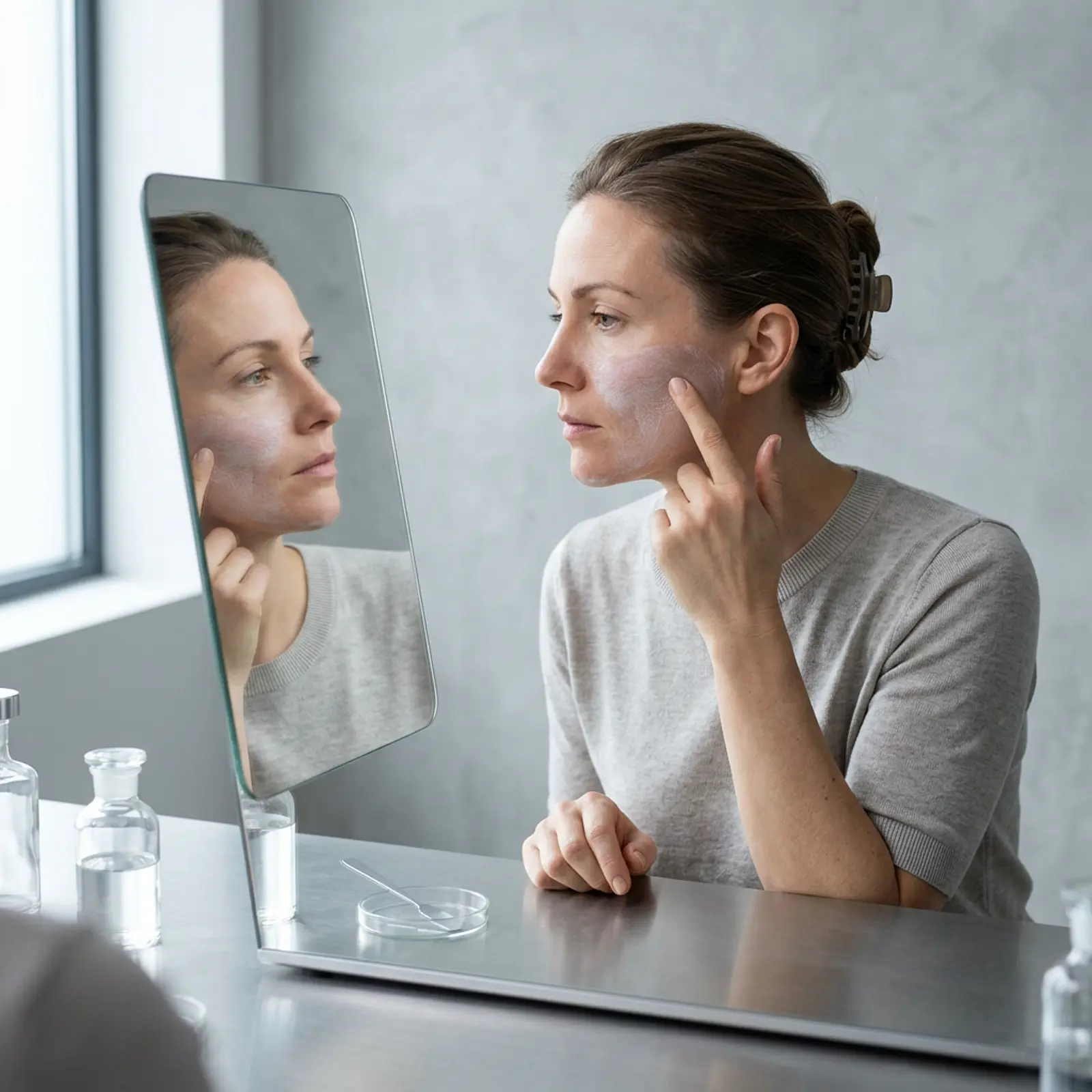 Woman applying mineral sunscreen in front of a mirror, neutral studio shot.