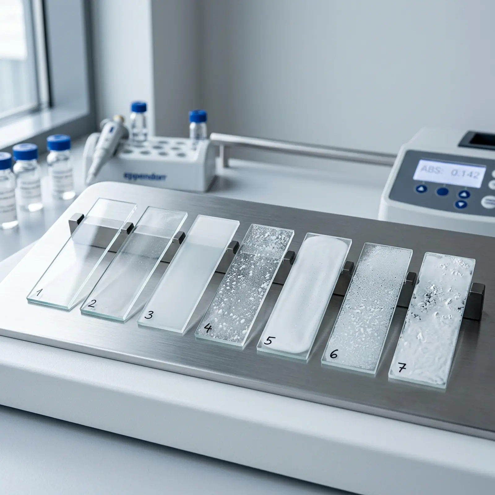 Studio shot: row of glass slides with sunscreen samples, varying opacity and smoothness