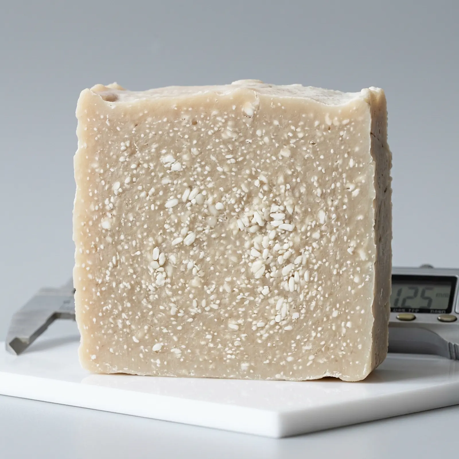 Close-up of a cold-process soap with white specks and rice-shaped clumps, uneven pigment dispersion.