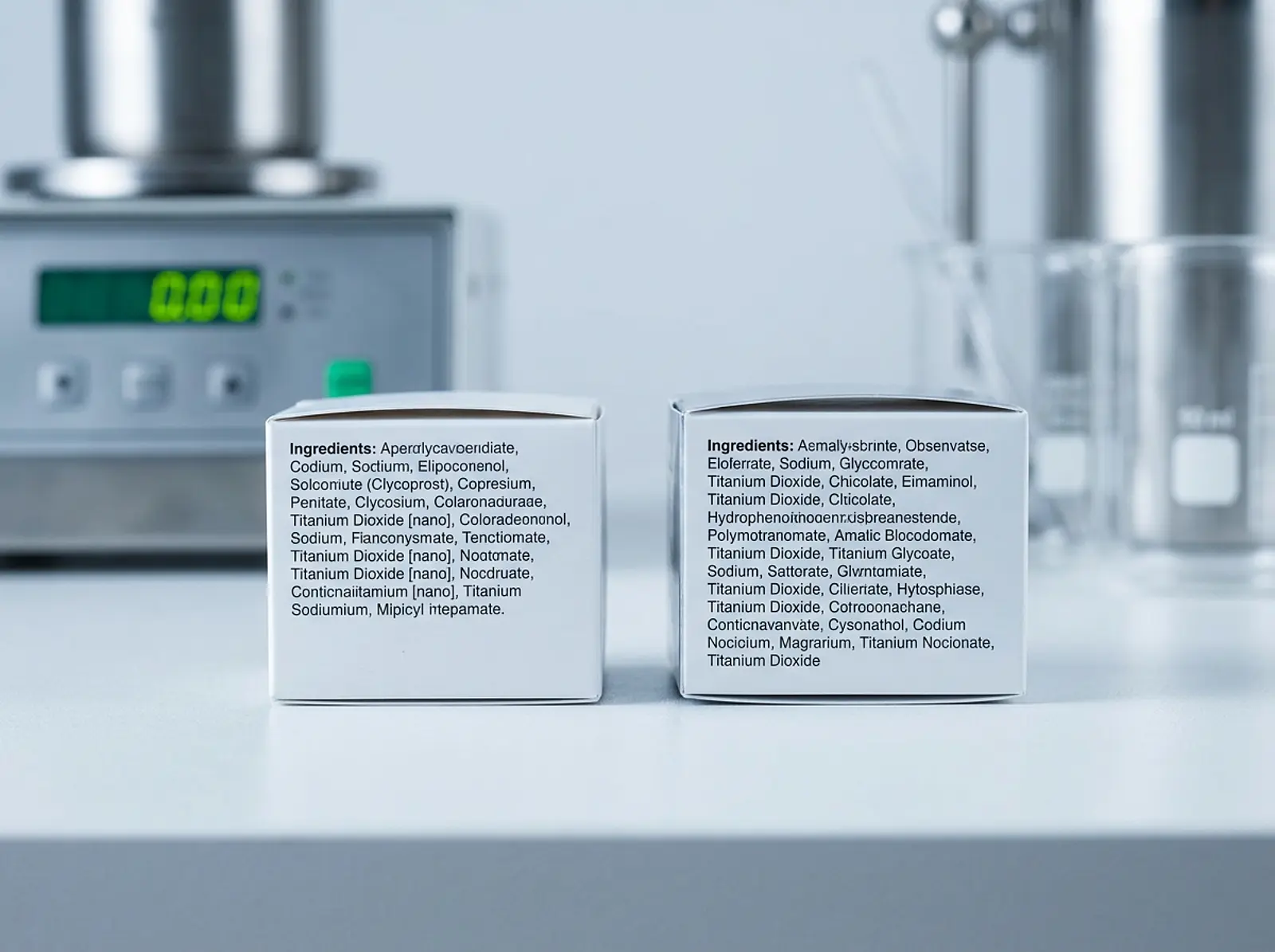 Cosmetic product boxes in a studio setting: one labeled with a '[nano]' notice, next to one reading 'Titanium Dioxide'