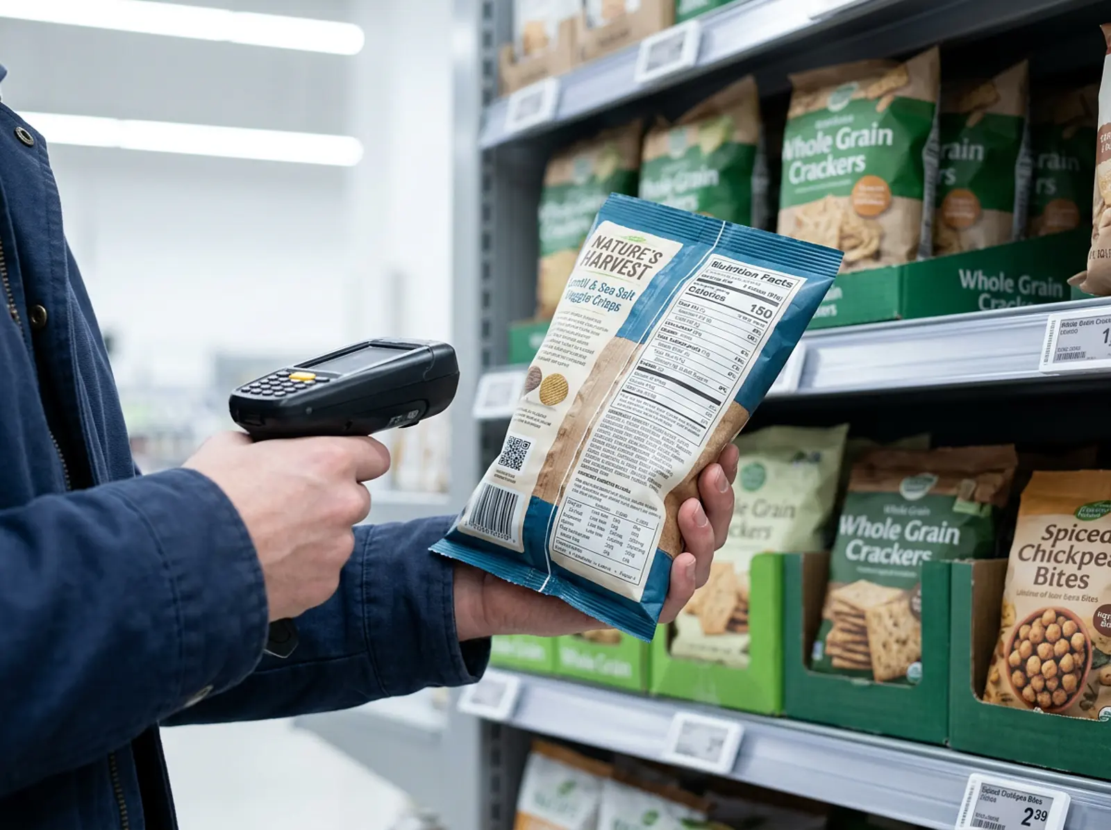 Customer inspecting snack packaging, scanning the ingredient list on the back at the shelf.