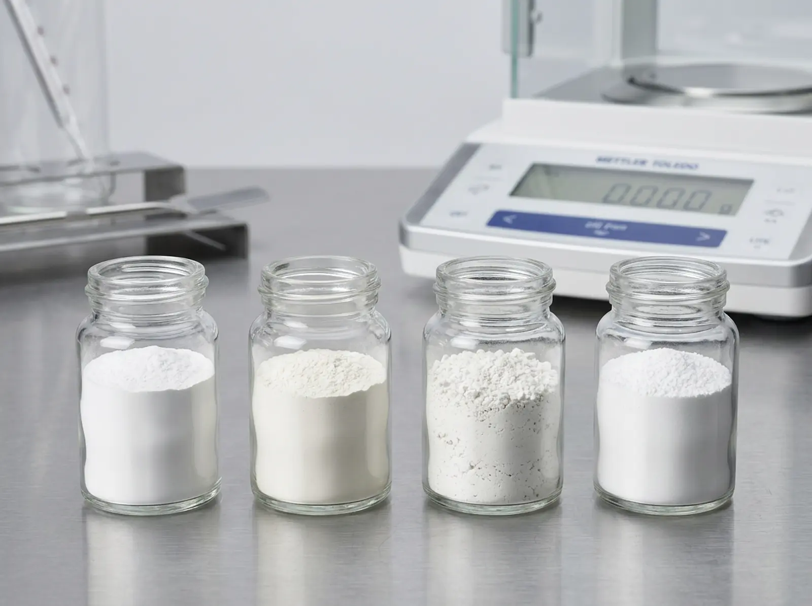Four open containers holding titanium dioxide, zinc oxide, calcium carbonate, and barium sulfate powder.