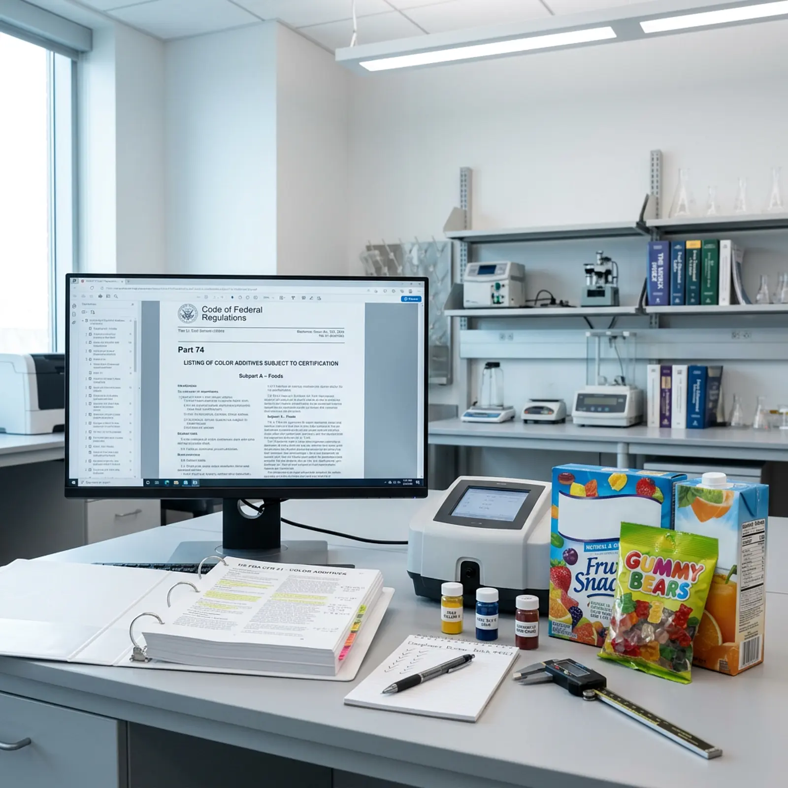 Regulatory specialist reviewing US color additive rules on a computer, CFR binders and packaged food.