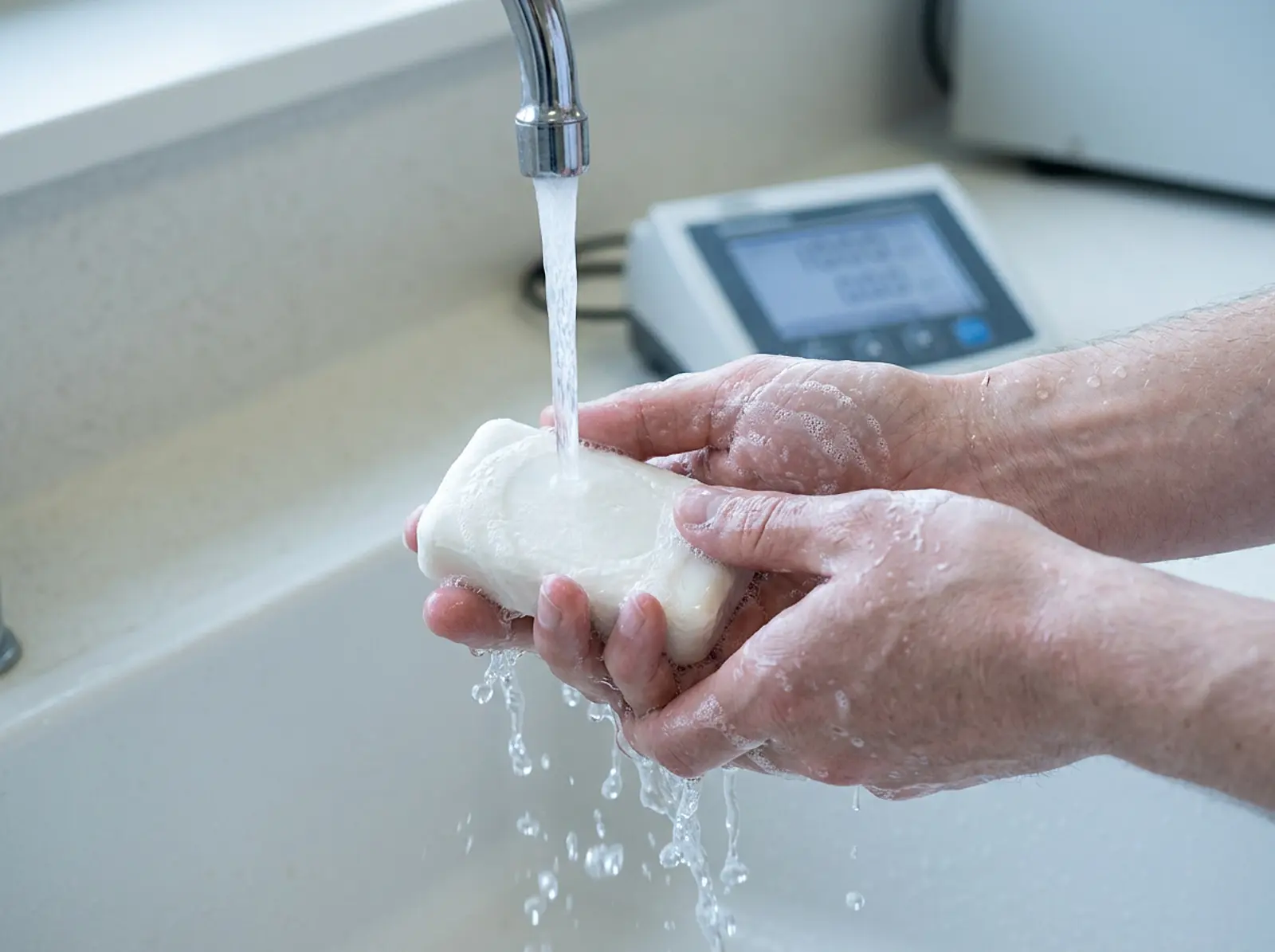 White soap under running water at a sink, lather on hands.