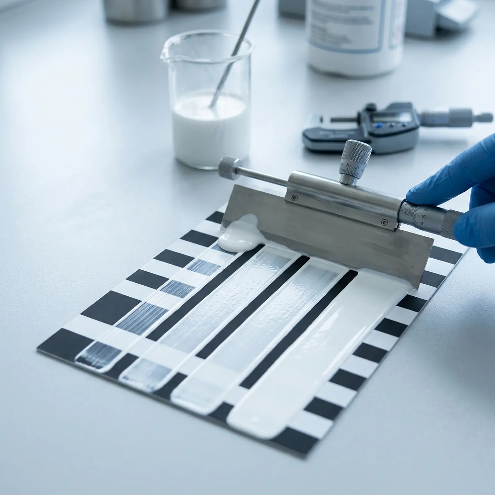 Laboratory technician applying paint opacity samples with a precision film applicator in studio macro shot