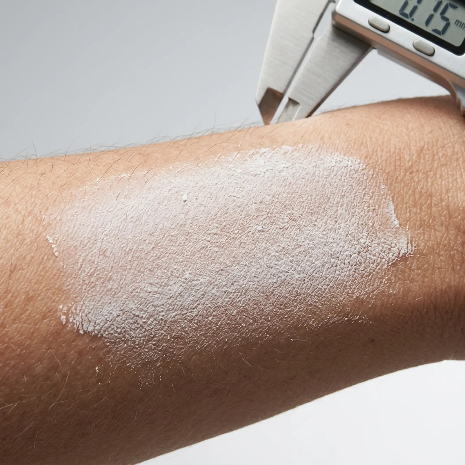 Close-up of skin with a thin white layer of titanium dioxide particles on the surface.