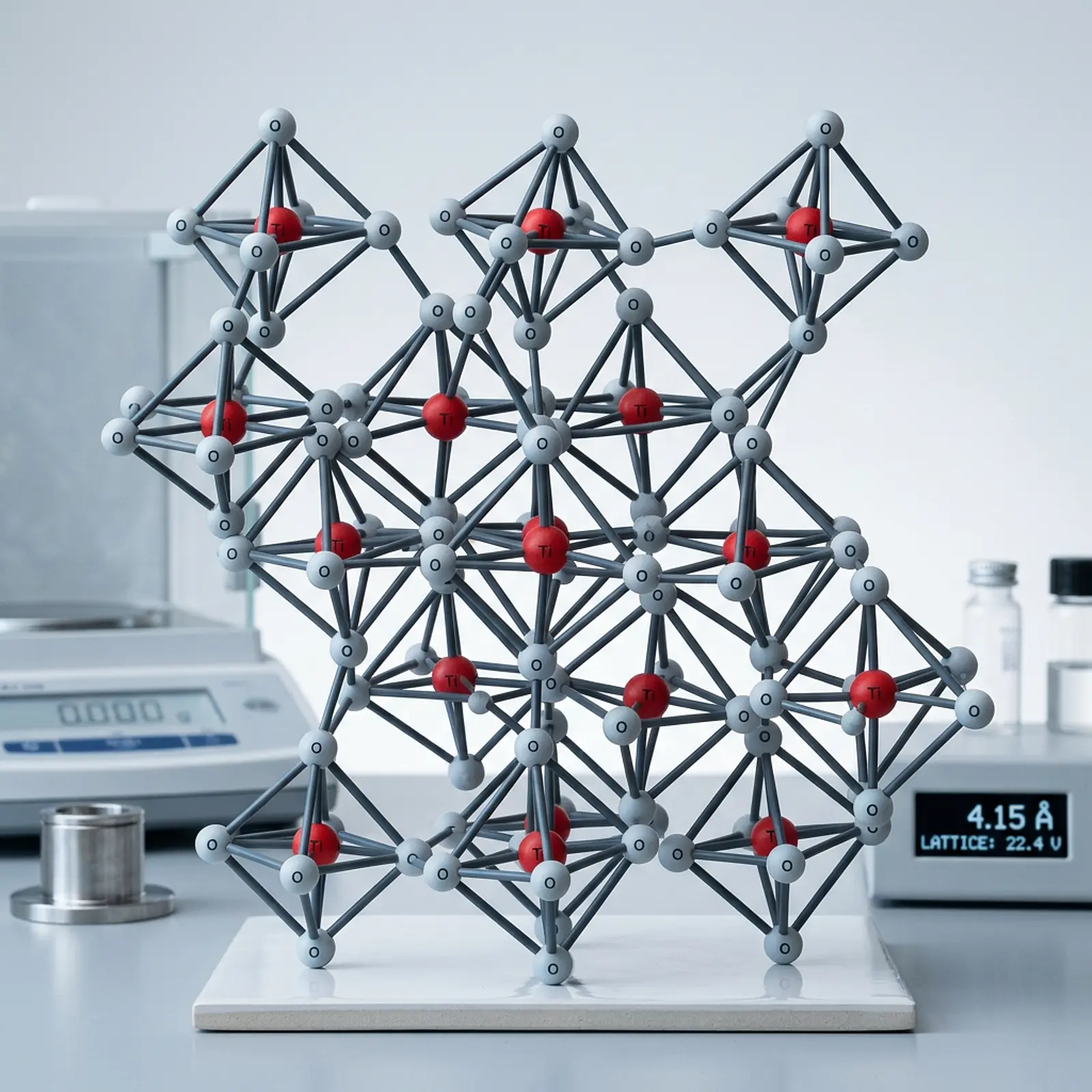 Macro shot of a crystal lattice of distorted TiO6 octahedra in neutral studio backdrop.