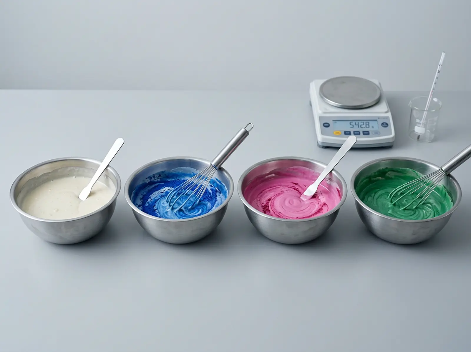 Macro shot of soap batter in bowls; titanium dioxide provides the white, dyes add blue, pink, and green.