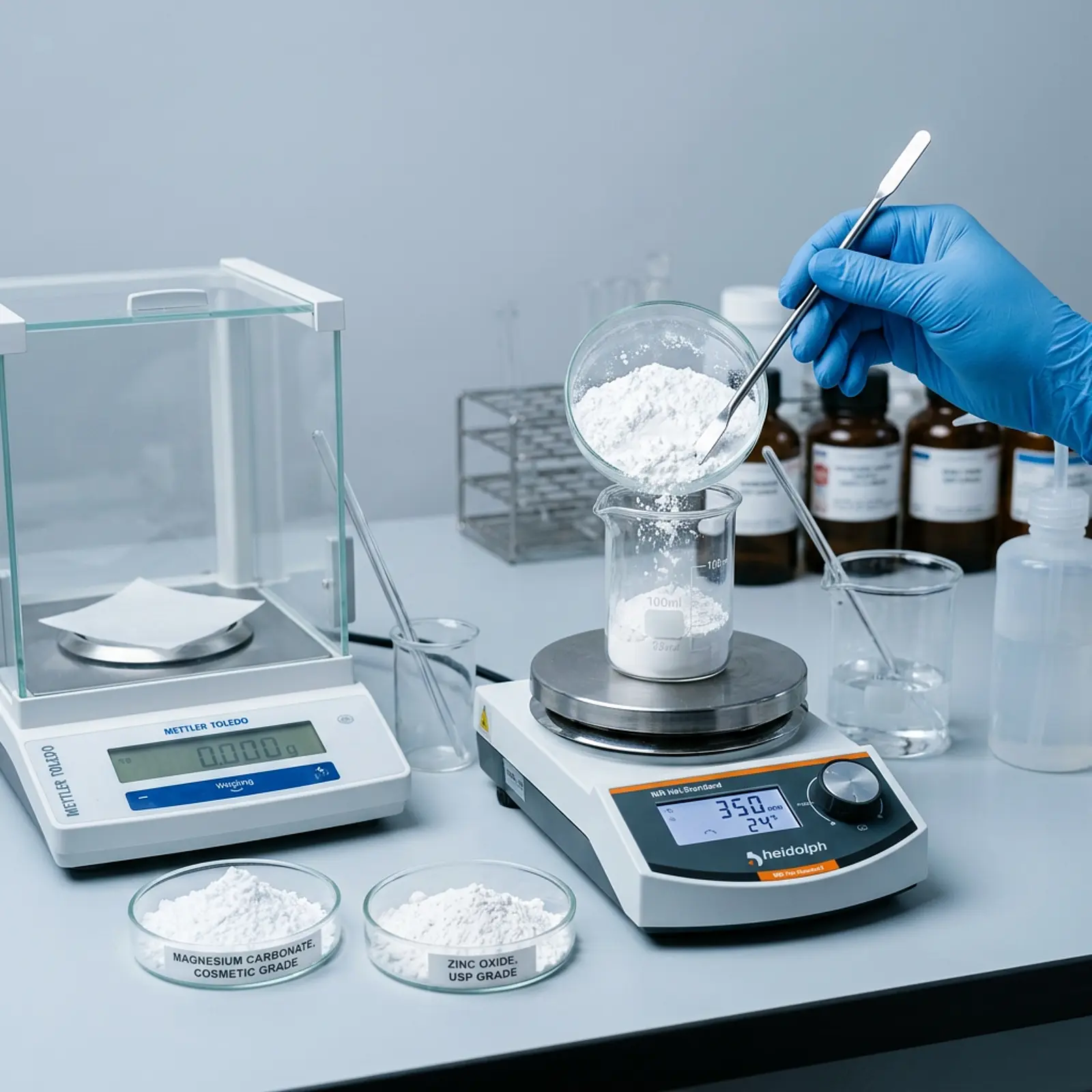 Two white powders in glass containers being mixed into a skincare formulation on a workbench.