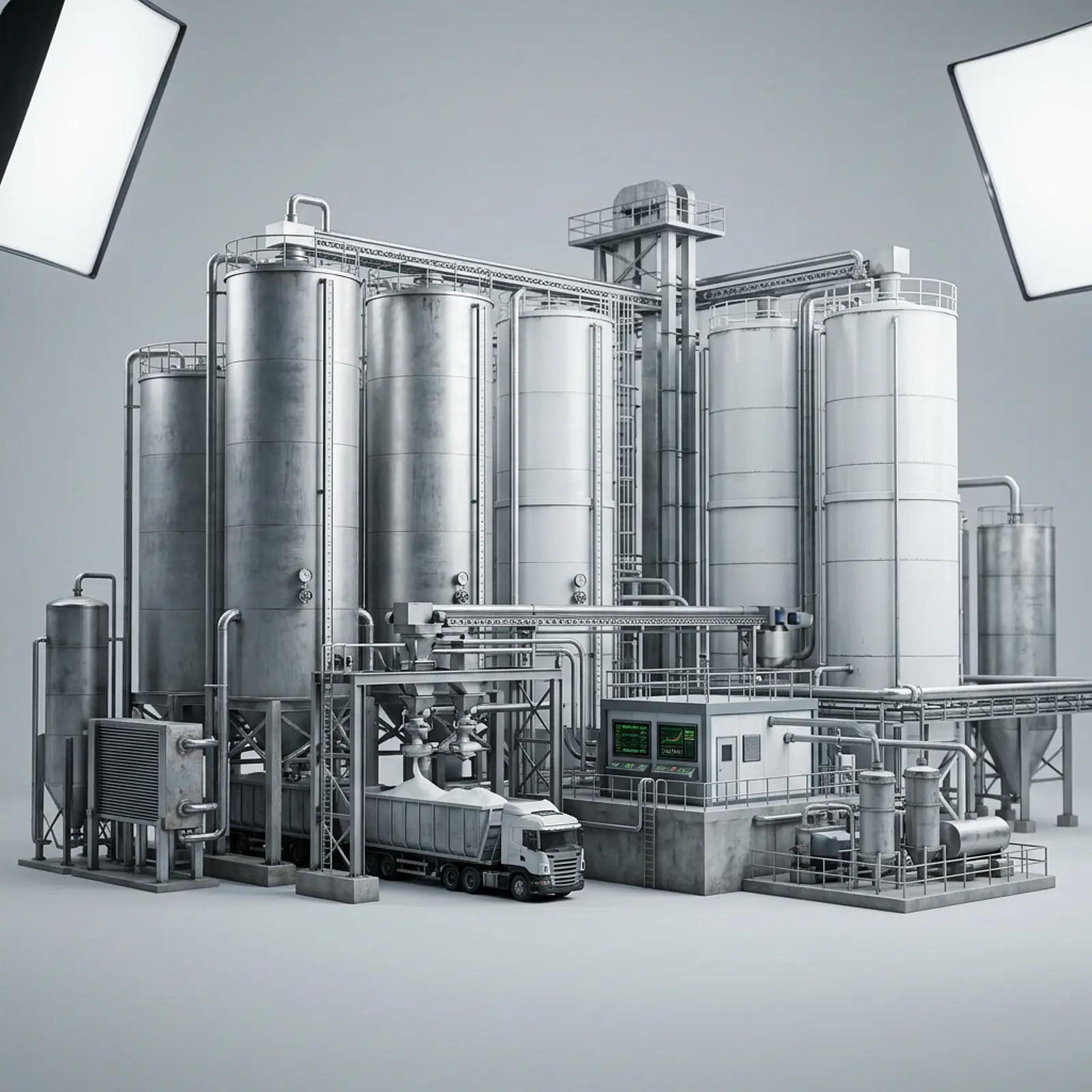 Photorealistic studio shot of a titanium dioxide production plant with tall silos.