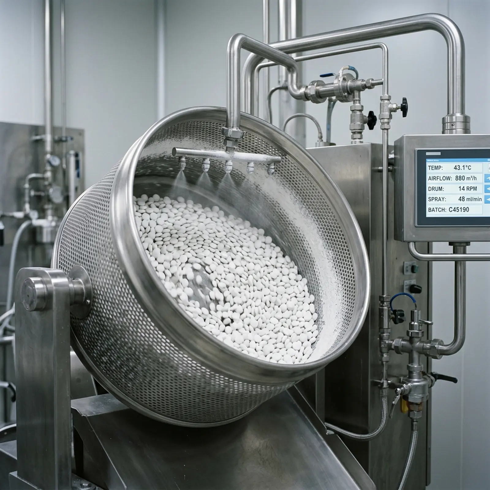 White tablets moving through a pharmaceutical coating machine with visible pigment residue