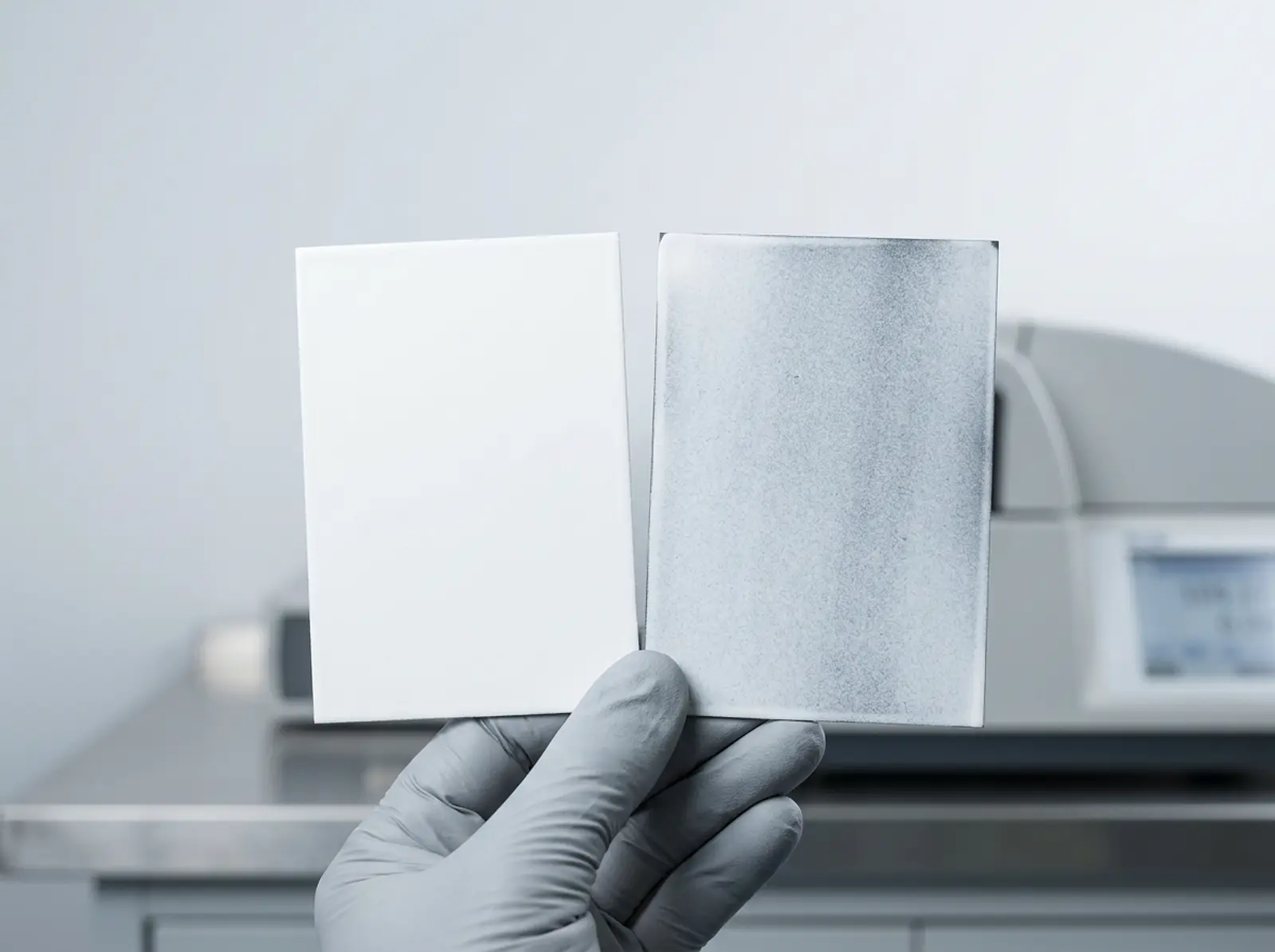 Hand holding two sample cards against a dark background: dense white coating and a translucent coating.