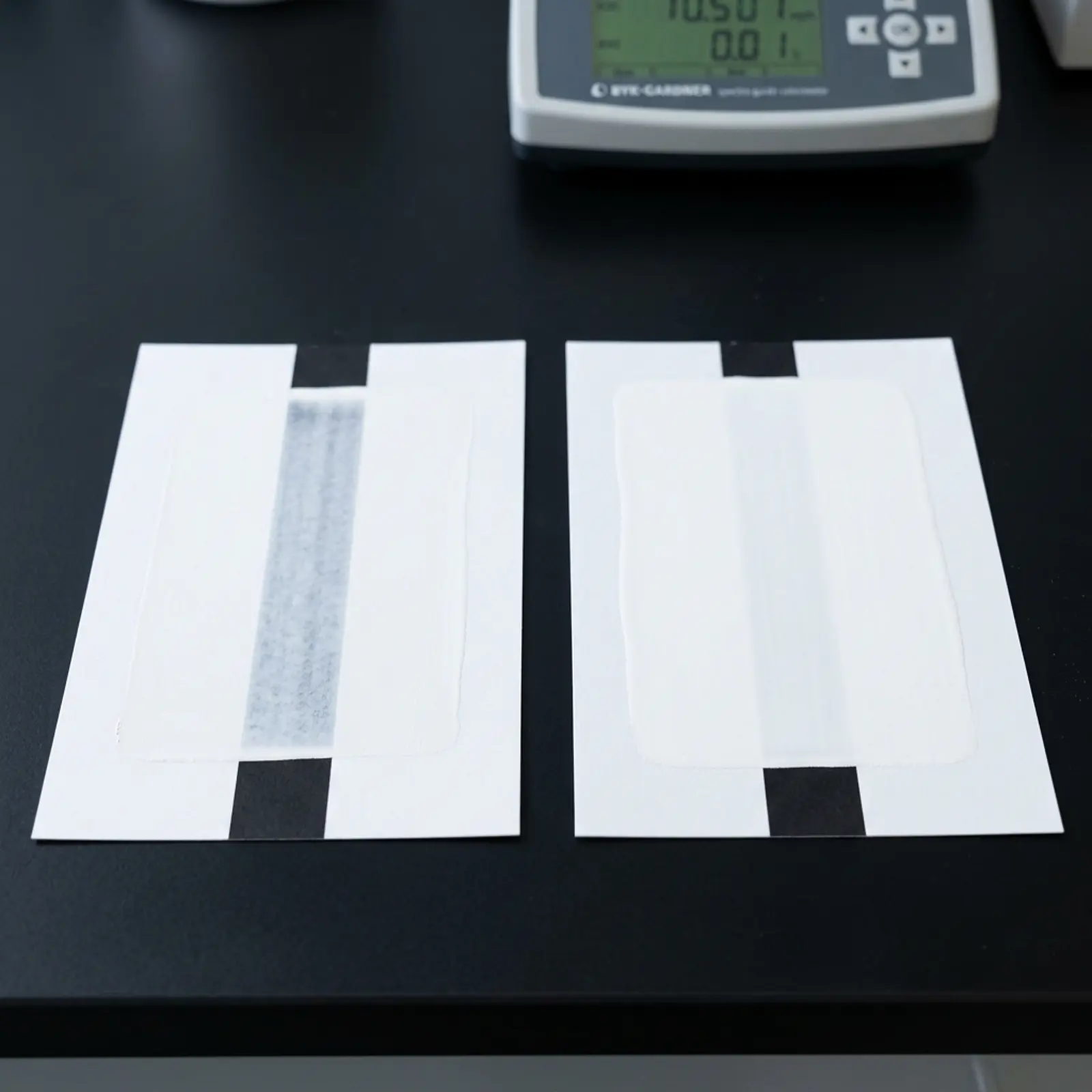 Photorealistic studio macro of two identical white drawdown cards showing differing opacity and hiding power on black surface
