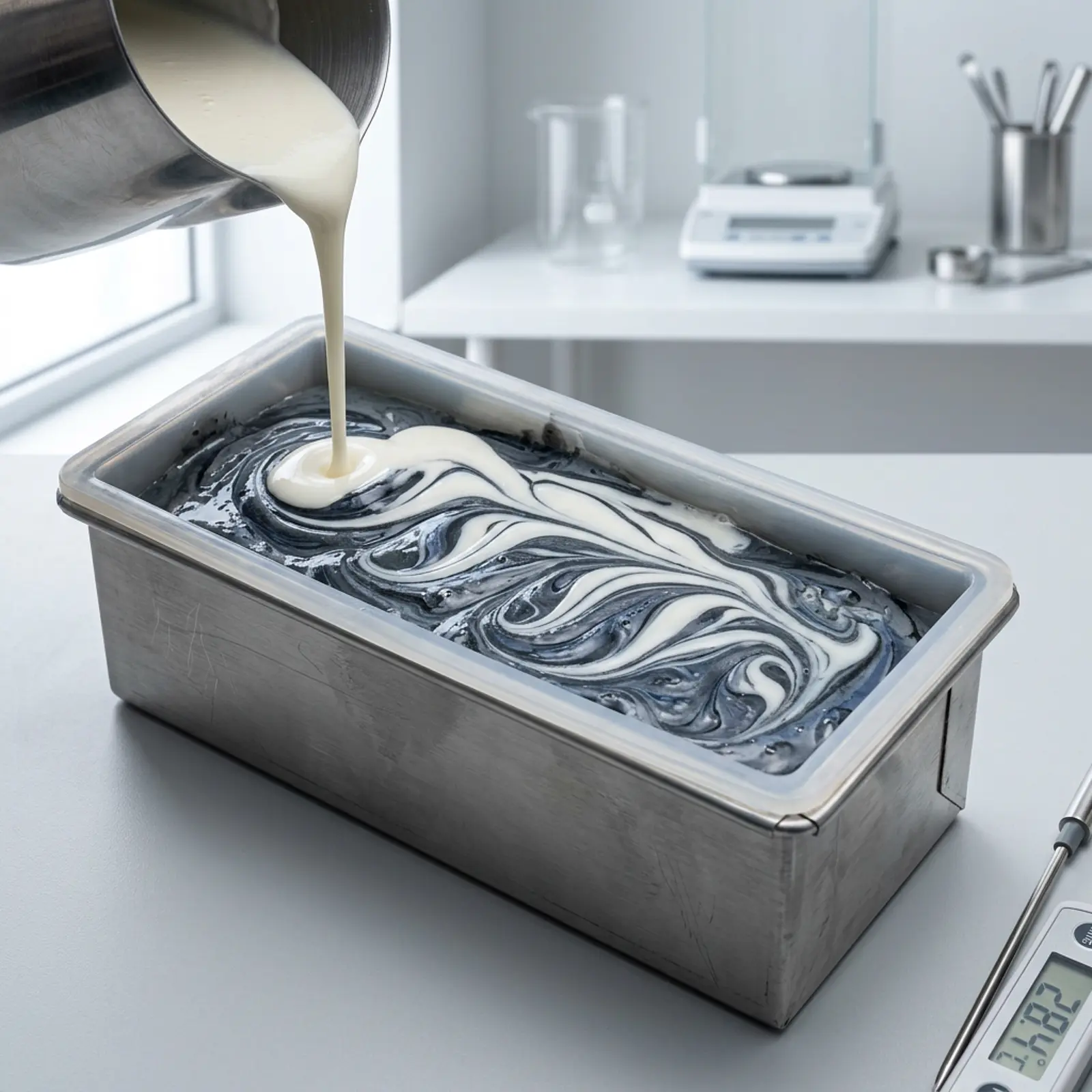 Soap loaf mold with a white and a darker soap portion, swirled and layered.