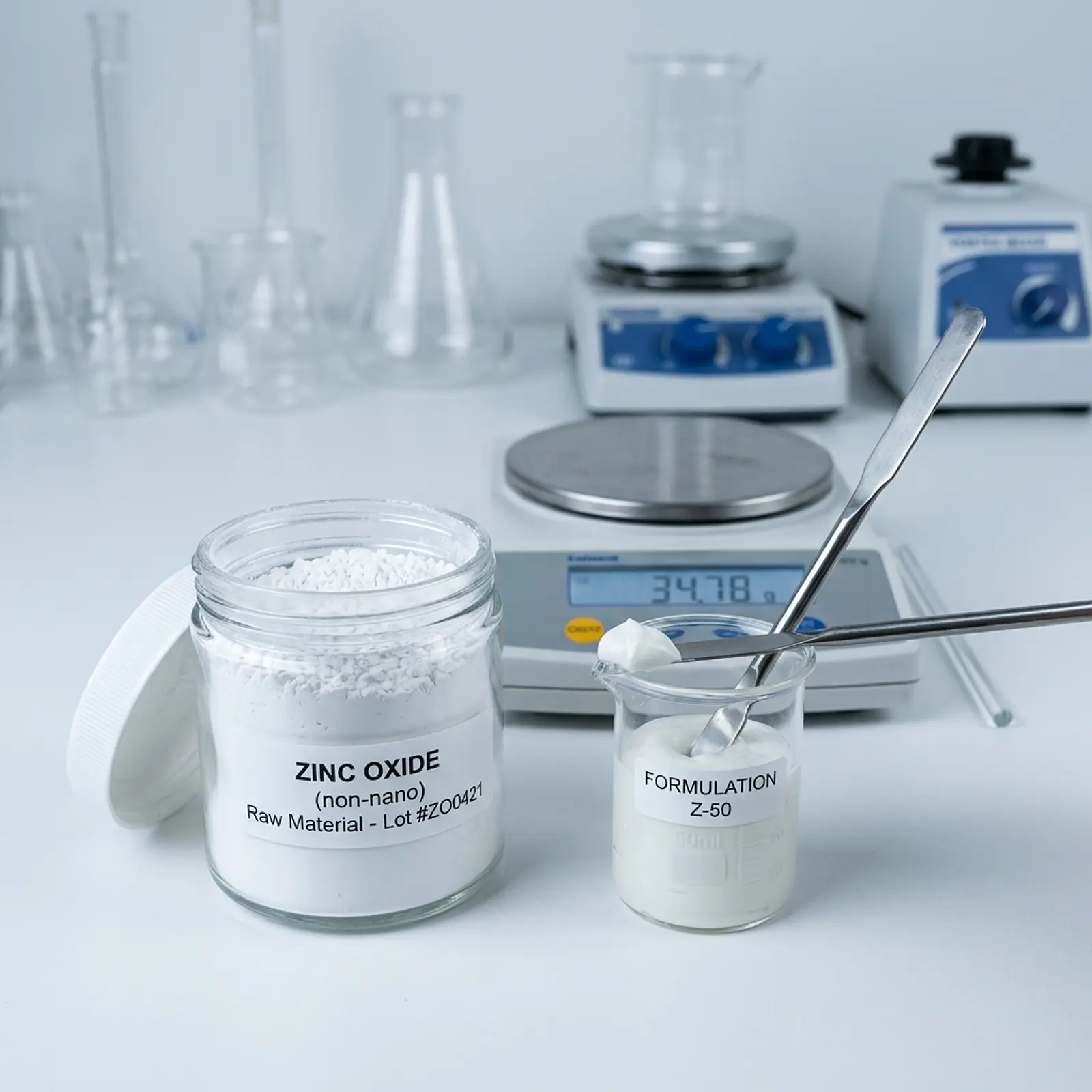 Close-up of a formulator with a zinc oxide glass container and sunscreen sample in the lab